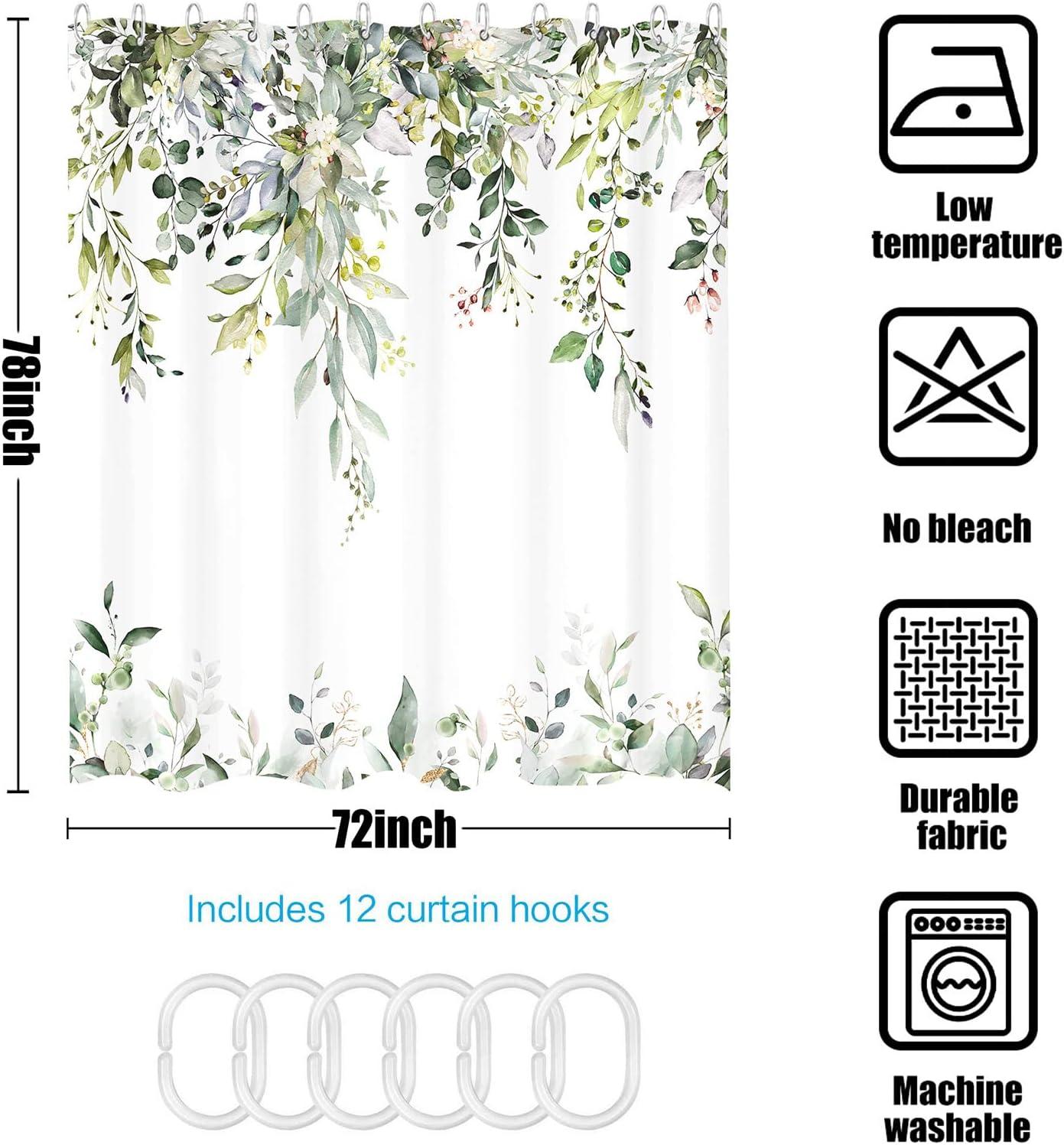kampdream Eucalyptus Plant Rustic Shower Curtain, Watercolor Leaves On The Top Country Farm House Shower Curtain, Spring Botanical Bathroom Curtain 72 ×72 Inch