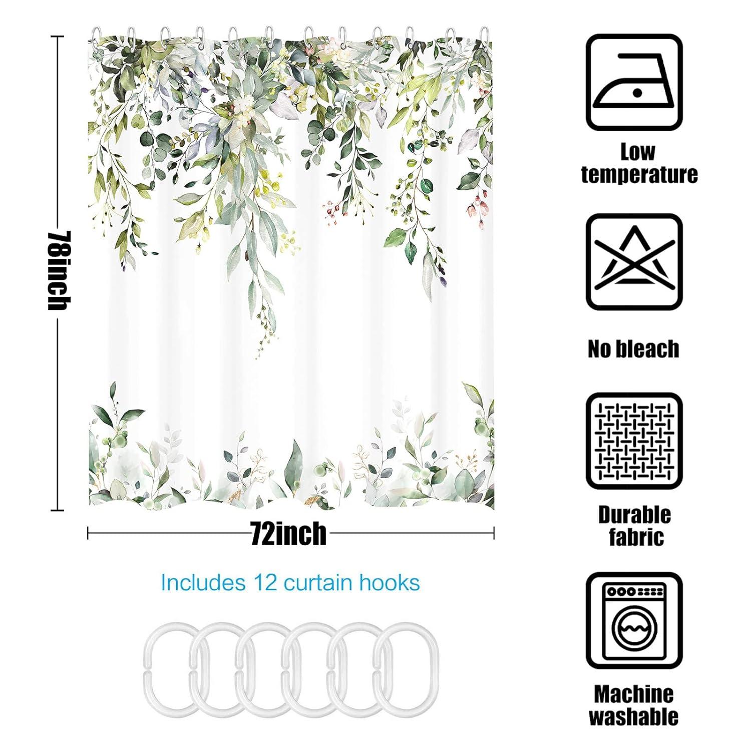 kampdream Eucalyptus Plant Rustic Shower Curtain, Watercolor Leaves On The Top Country Farm House Shower Curtain, Spring Botanical Bathroom Curtain 72 ×72 Inch