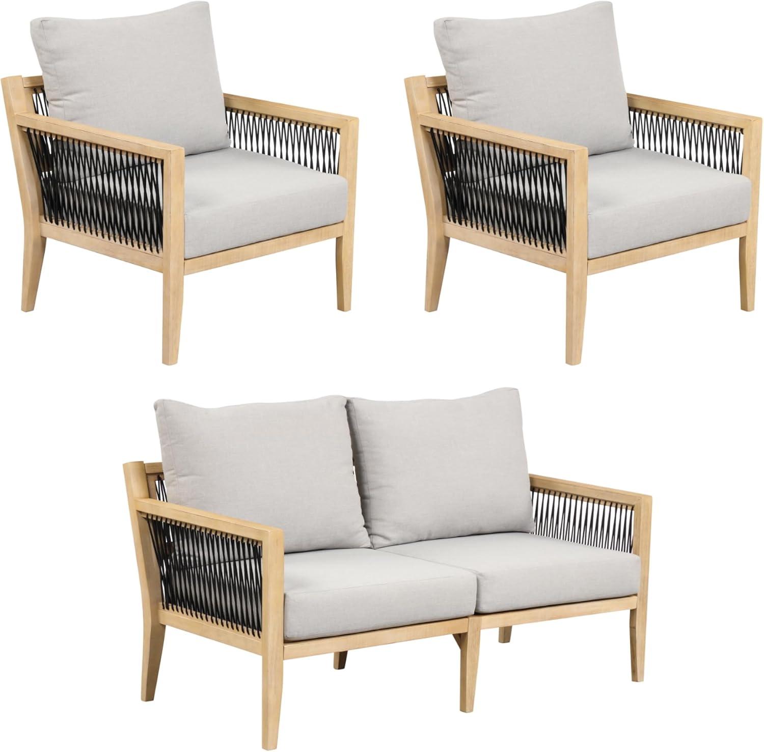 Nathan James 3pc Freya Bohemian Wood Outdoor Patio Conversation Set: Acacia Frame, UV-Resistant