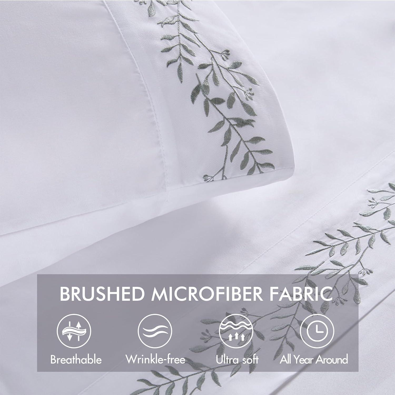 Madison Park Soft Brushed Microfiber Sheets Set, Elegant Embroidery Hem Design, Premium 14" Elastic Pocket Fits up to 16" Mattress, All Season Bedding & Pillowcases, Full Green Vine 4 Piece