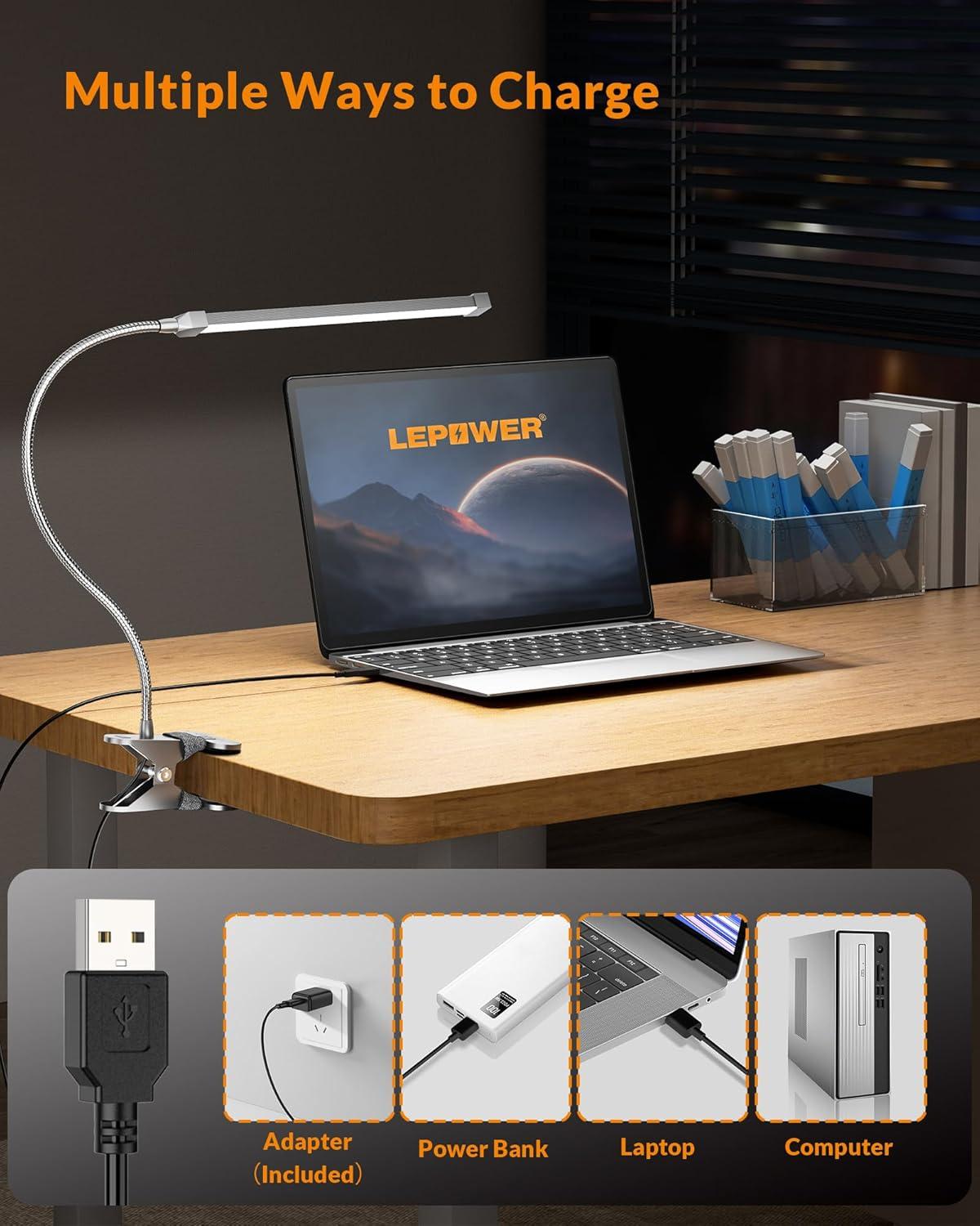 LEPOWER Led Clip on Light, 5W Reading Lights for Books in Bed with Gooseneck, Adjustable Color Temperature Clip Lamp, Ideal for Bedtime Reading and Piano Light, Metal, Silver