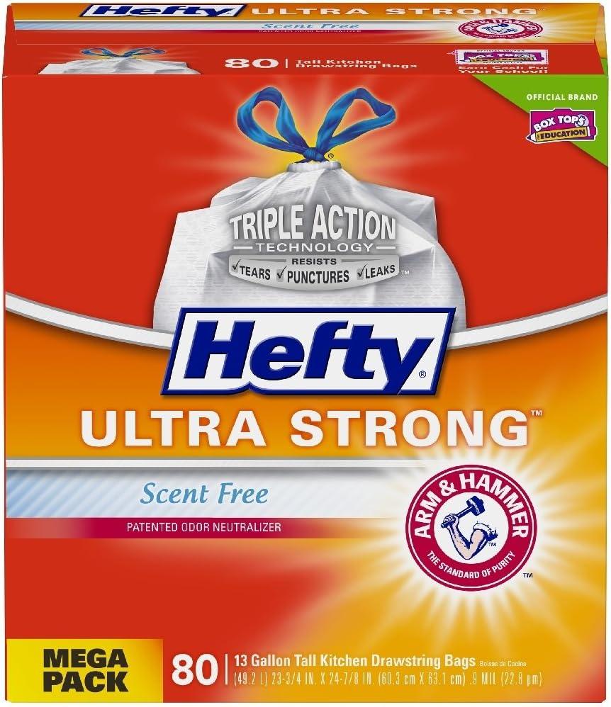 Hefty Ultra Strong 13 gallon Trash Bags, Tall Kitchen Trash Bags, White, Unscented, 80 Bags