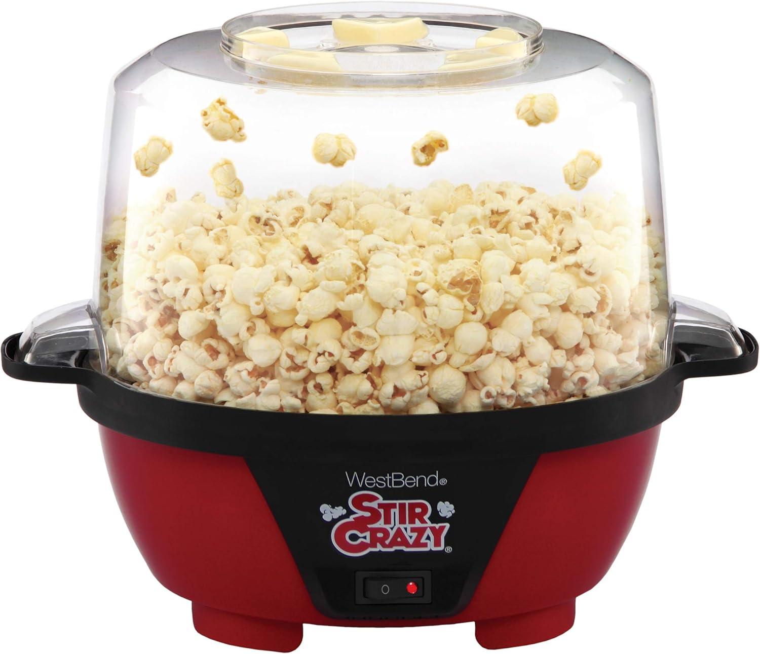 Stir Popcorn Machine Electric Hot Oil Popper Includes Large Lid for Serving Bowl and Convenient Nesting Storage, 6-Quart, Red