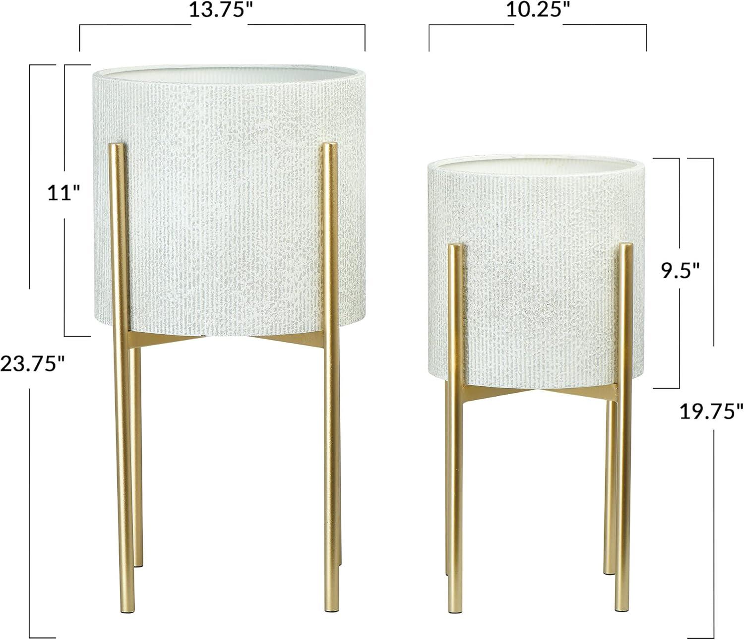 White and Gold Embossed Metal Planters with Stands, Set of 2