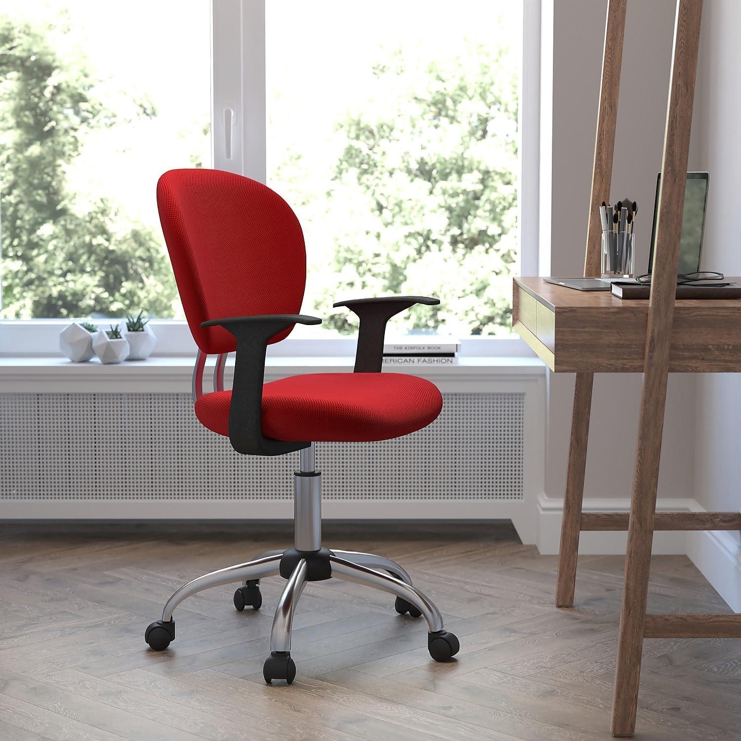 Flash Furniture Mid-Back Red Mesh Padded Swivel Task Office Chair with Chrome Base and Arms