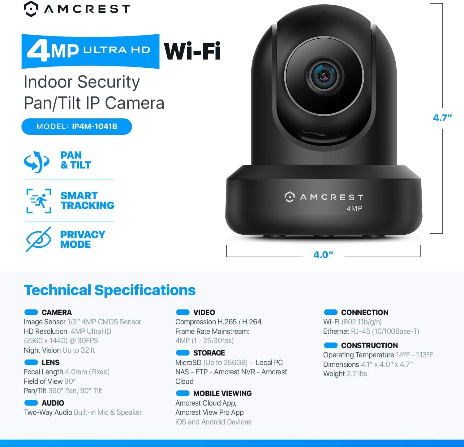 Black 4MP Indoor WiFi Dome Security Camera with Night Vision