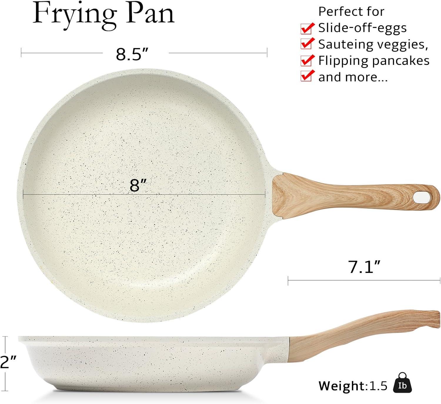 8-Inch White Ceramic Nonstick Aluminum Frying Pan with Woodgrain Handle