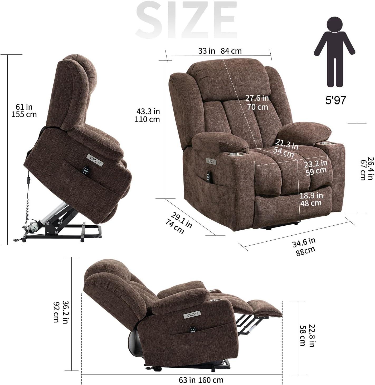Power Lift Chair with Full-Body Massage and Heat, Electric Recliner Chairs for Adults, Remote Control, Standing Assistance, USB Ports, Stainless Steel Cup Holders, Chenille Brown