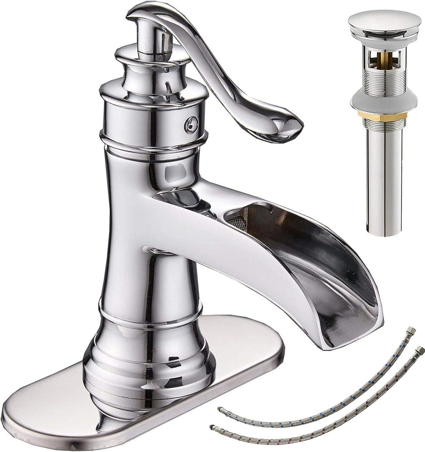 Chrome Single Handle Waterfall Bathroom Faucet with Pop-Up Drain