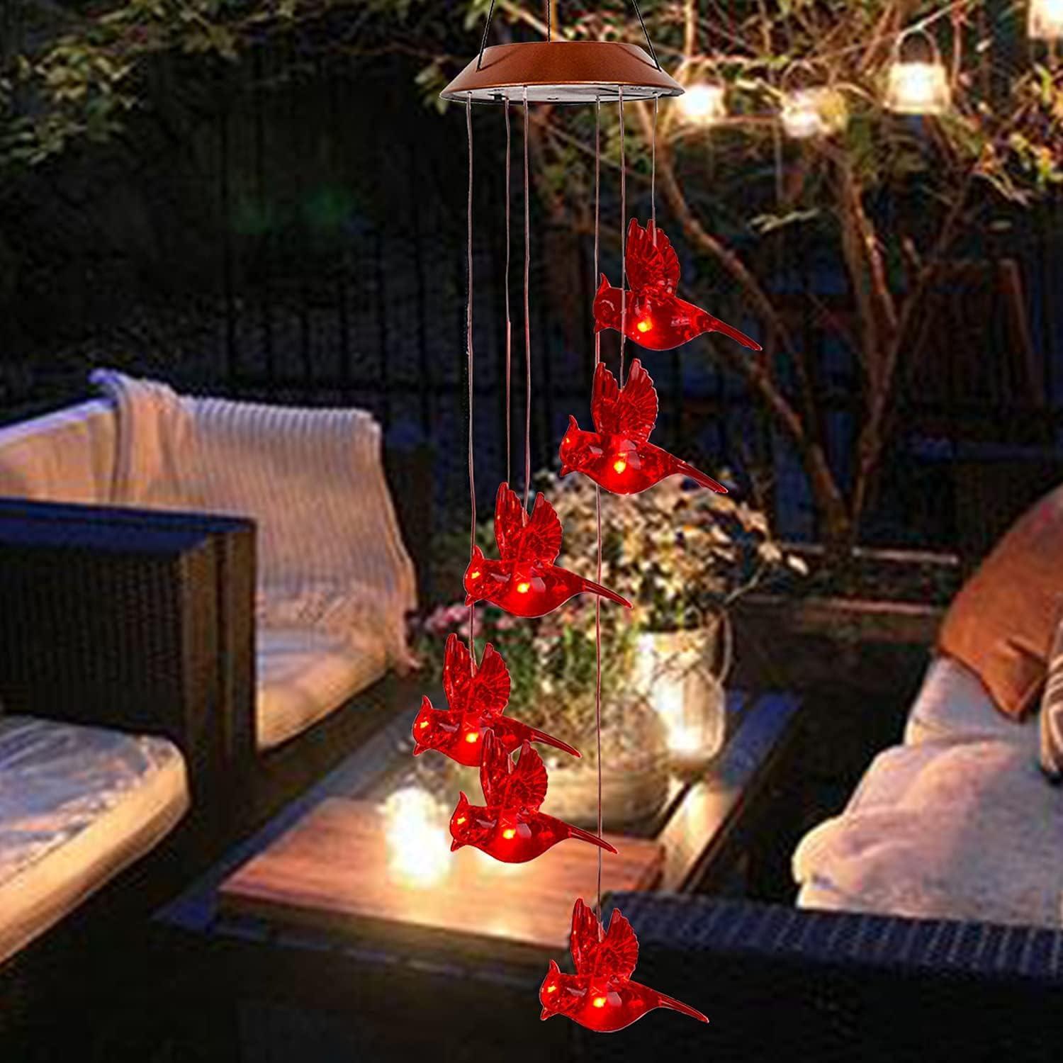 Solar-Powered Red Bird Wind Chimes with LED Lights