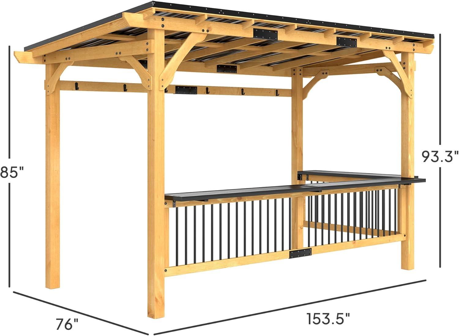 Outsunny 13' x 6' Wooden Grill Gazebo, Hardtop Outdoor BBQ Gazebo with with Metal Roof, 2 Bar Shelves and 6 Hooks for Patio, Deck, Yard, Natural