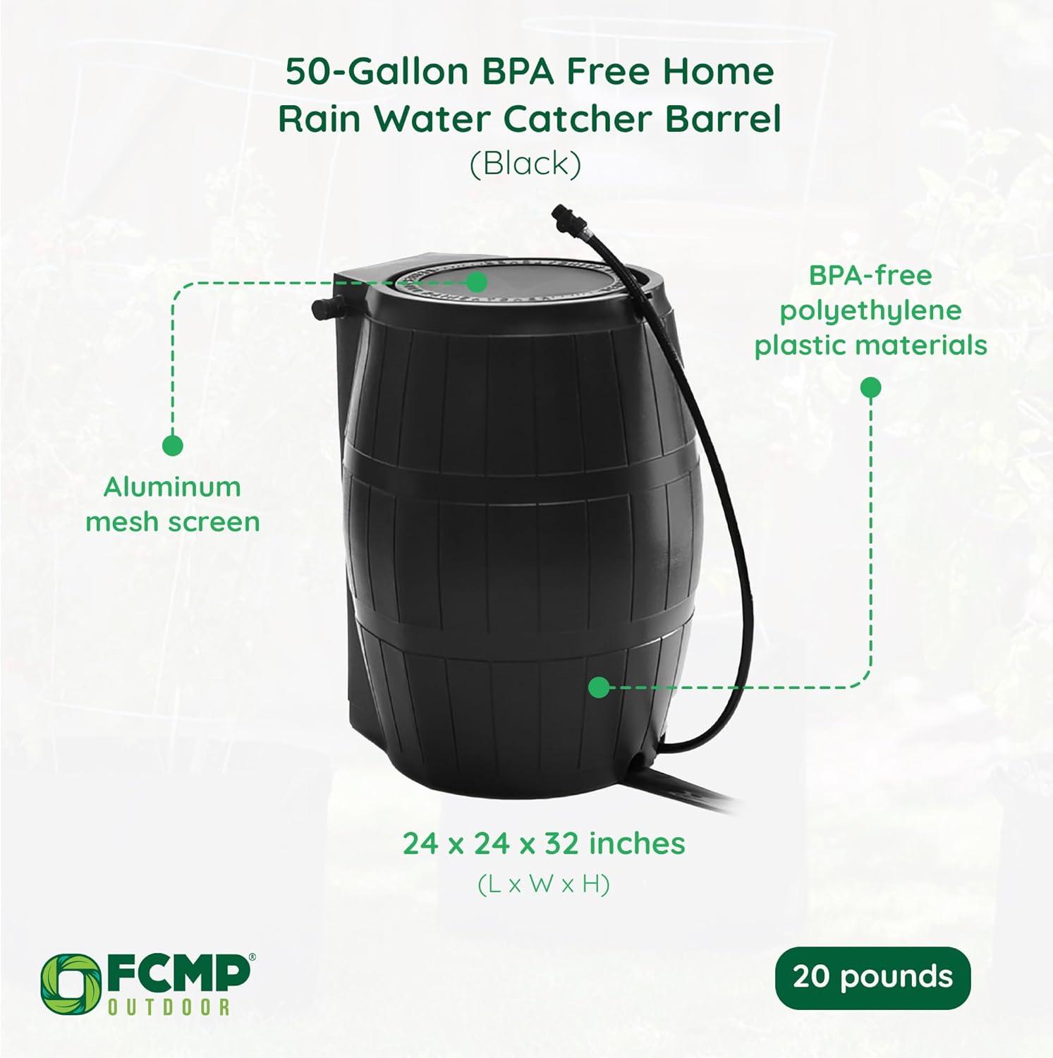 FCMP Outdoor RC4000-BLK 50 Gallon Flat Back Outdoor Home Rain Catcher Water Storage Collection Barrel for Watering Outdoor Plants and Gardens, Black