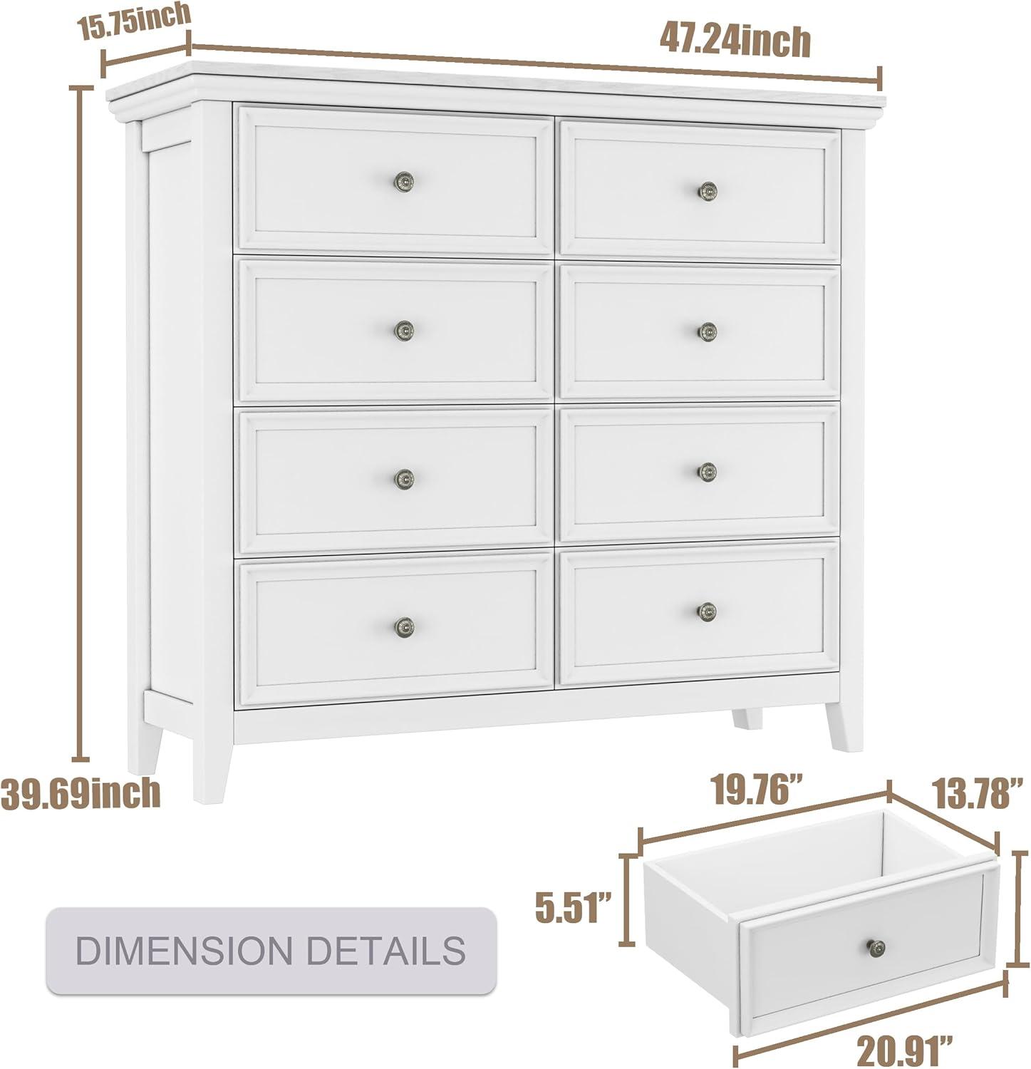 White 8-Drawer Tall Dresser with Brass Knobs