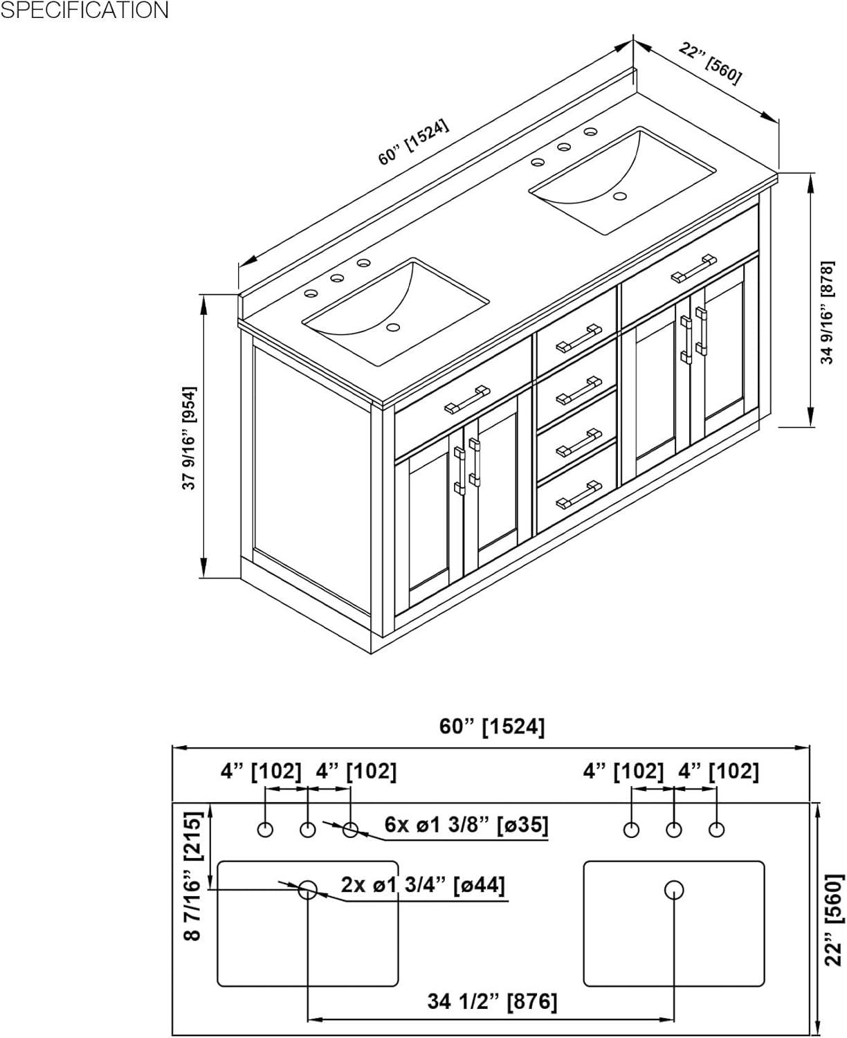 Bailey 60'' Matte Black Wood Double Sink Vanity with White Quartz Top