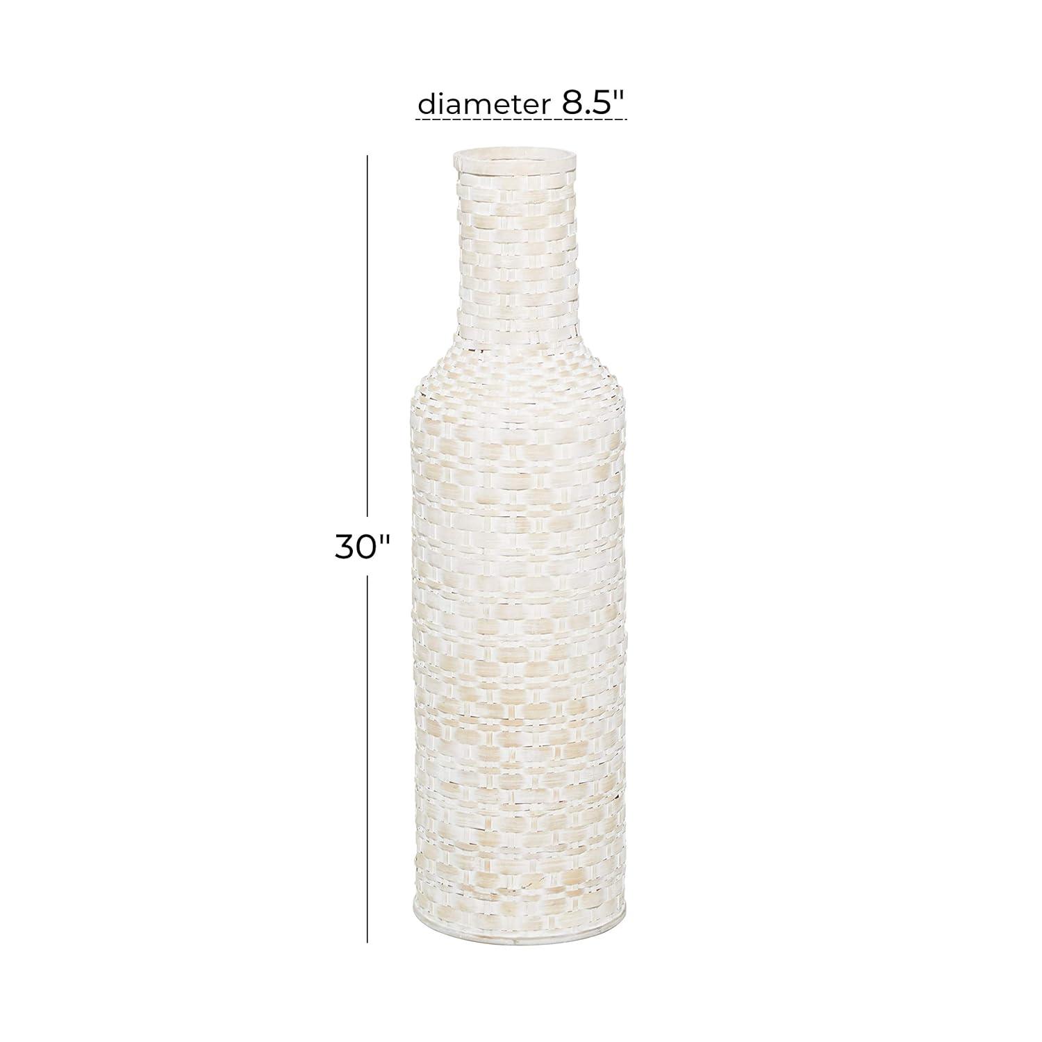DecMode White  Bohemian Metal Vase with Distressed Weaving Pattern, 9" x 9" x 30", Features Neutral Woven Patterns