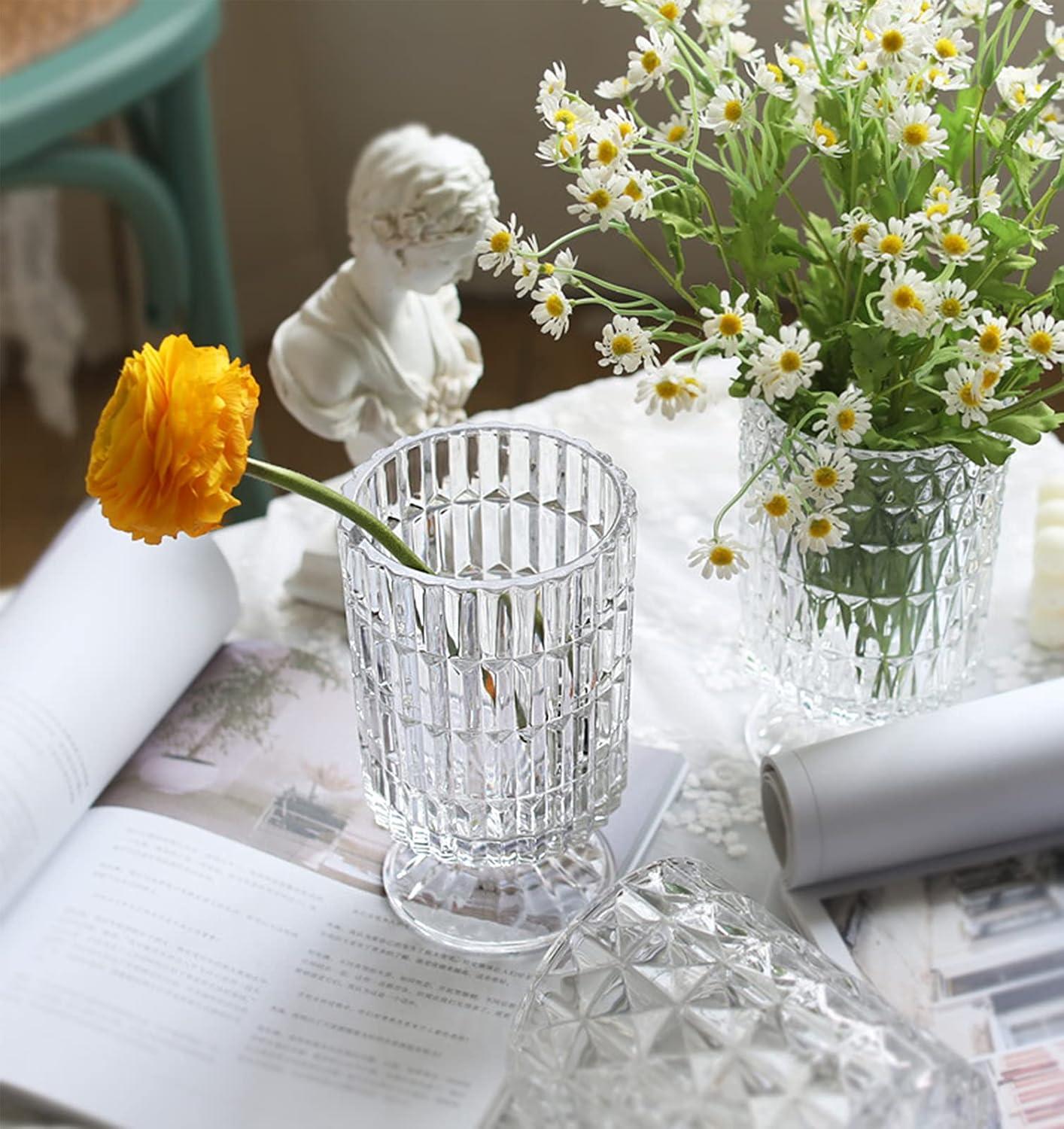 7 Inch Modern Glass Vase with Embossed Ribbed Base - Clear Hydroponic Design for Home Decor, Weddings Party Living Room, Dining Table Floral Arrangement Centerpiece