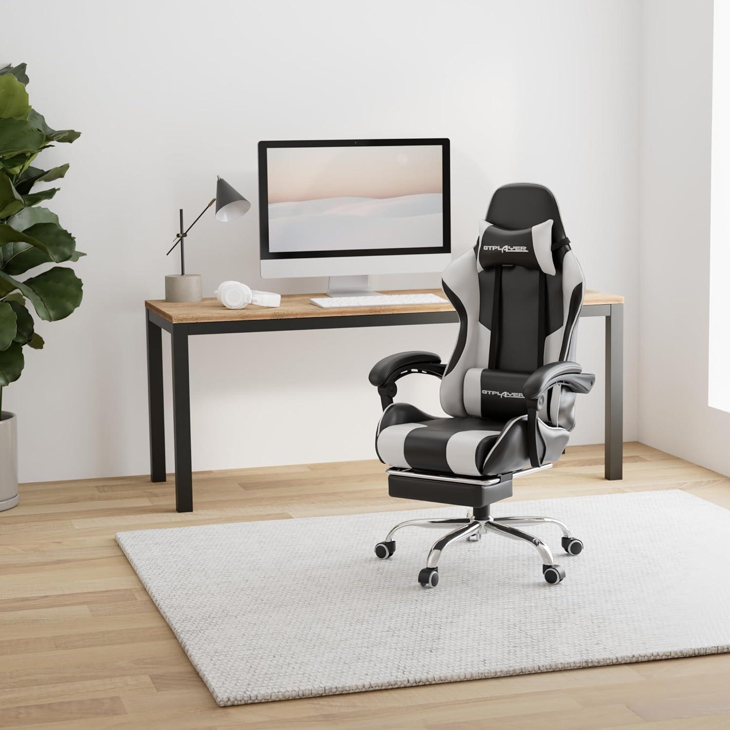 White and Black Ergonomic Gaming Chair with Footrest and Lumbar Support