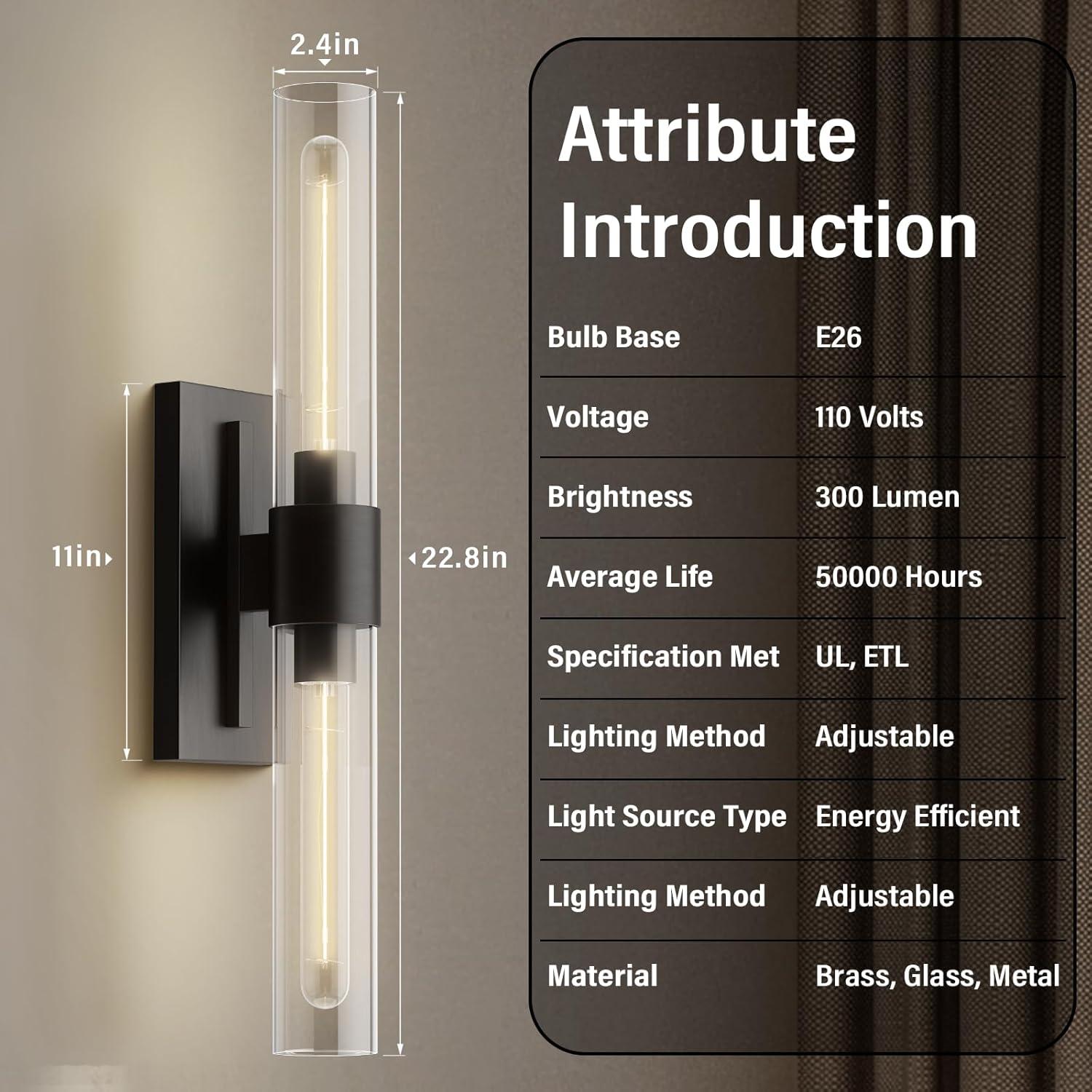 Mailus Wall Sconces, 22.8" Industrial-Chic Dual Glass Cylinder Wall Sconce(Set of 2)
