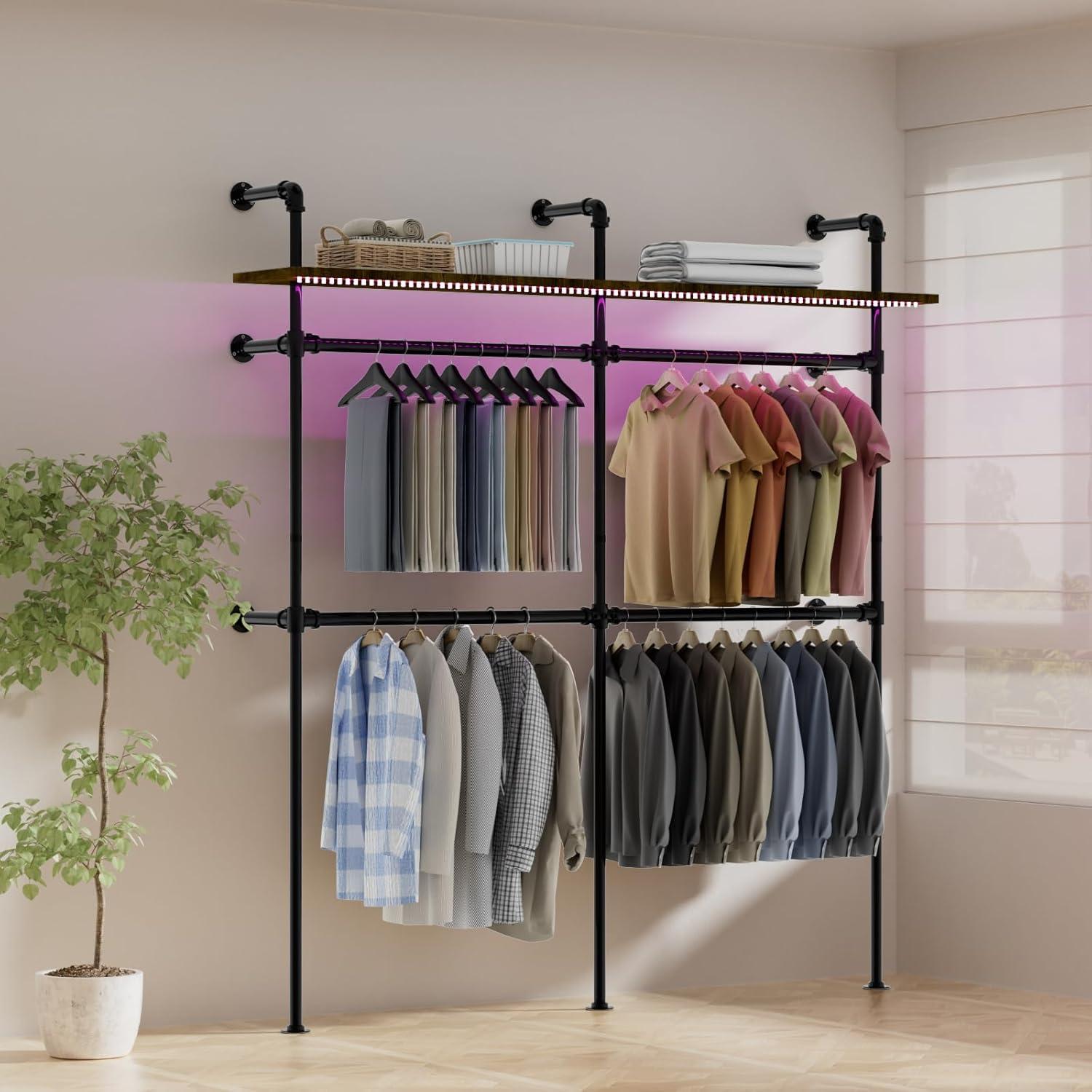 transparent.0 Industrial Pipe Hanger, Wall Mounted Industrial Hanger With LED Light And Shelf, Closet Hanger