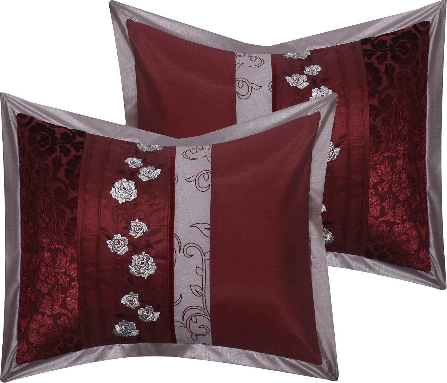 King Size 7 Piece Burgundy Brown Embroidery Soft Bedding Comforter Set