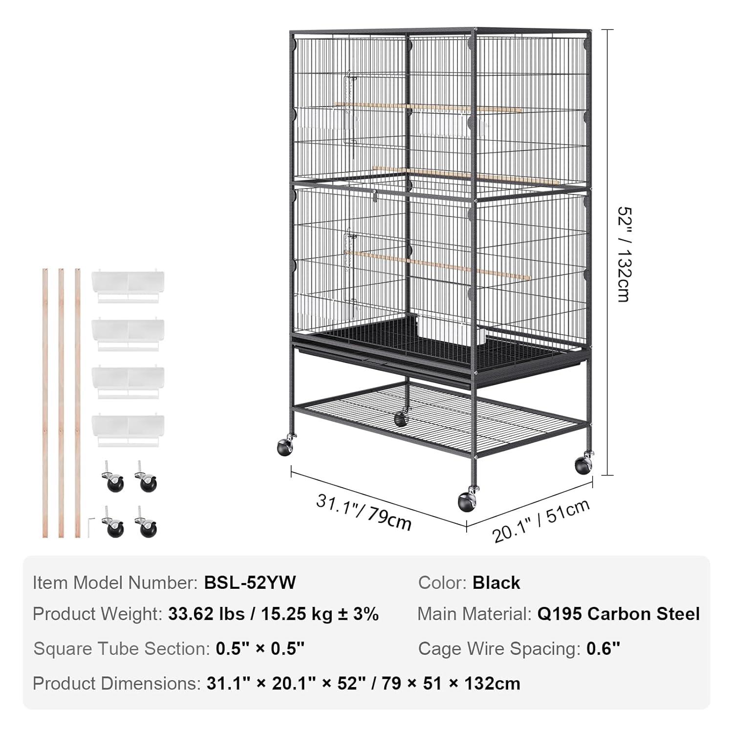 VEVOR Carbon Steel Flight Bird Cage for Parakeets, Cockatiels, Parrots 31*20*52inches