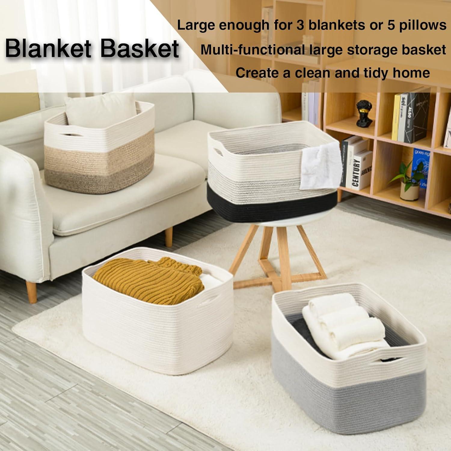 OIAHOMY Large Blanket Basket, Rectangle Woven Baskets for Storage, Nursery Blanket Basket Living Room, Toy Basket with Handle, Large Baskets for Organizing-22”x17”x12”-Gradient Black