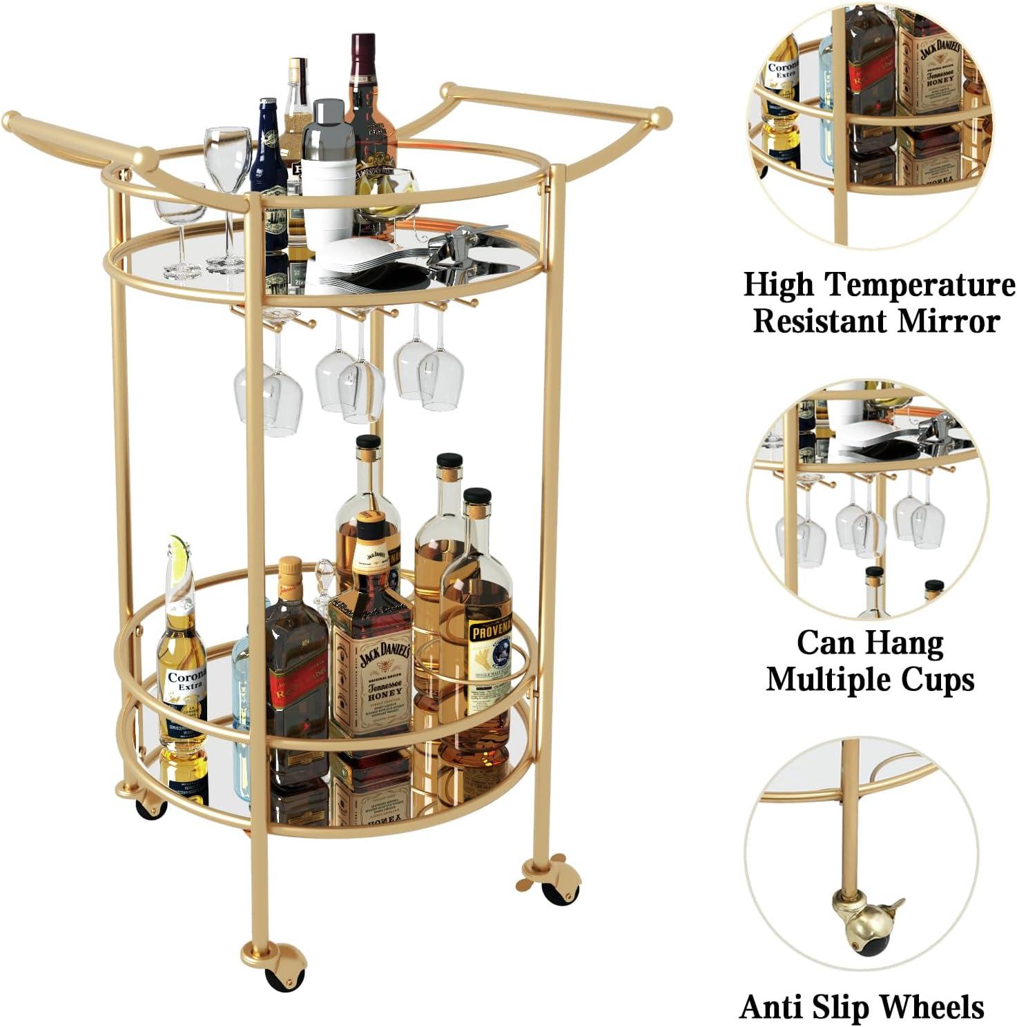 Gold Round Bar Cart with Glass Shelves and Wine Rack