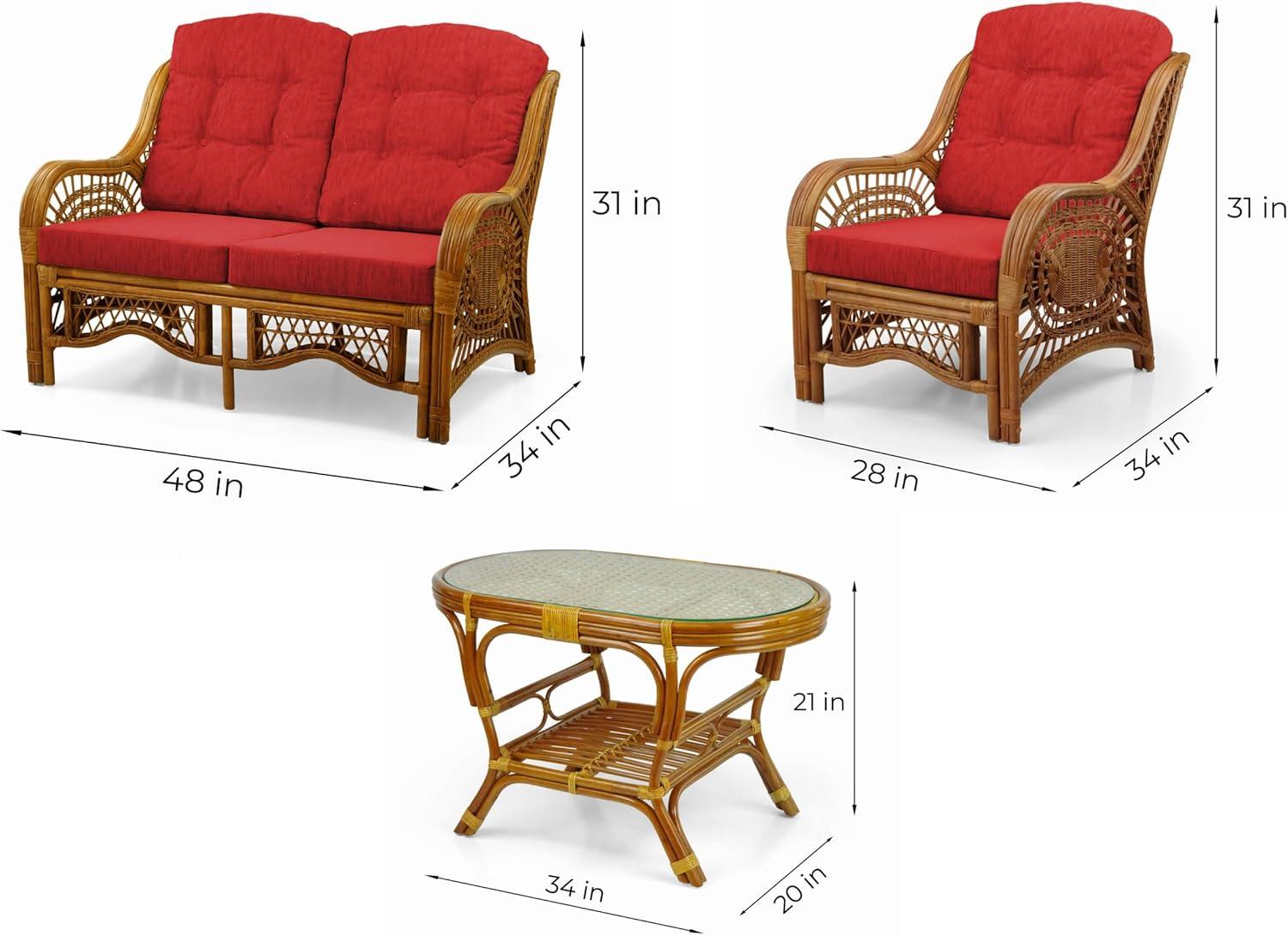 Bay Isle Home™ Malibu Lounge Set Of 4: 2 Natural Rattan Wicker Chairs, Loveseat And Coffee Table W/Glass Handmade, Natural Color