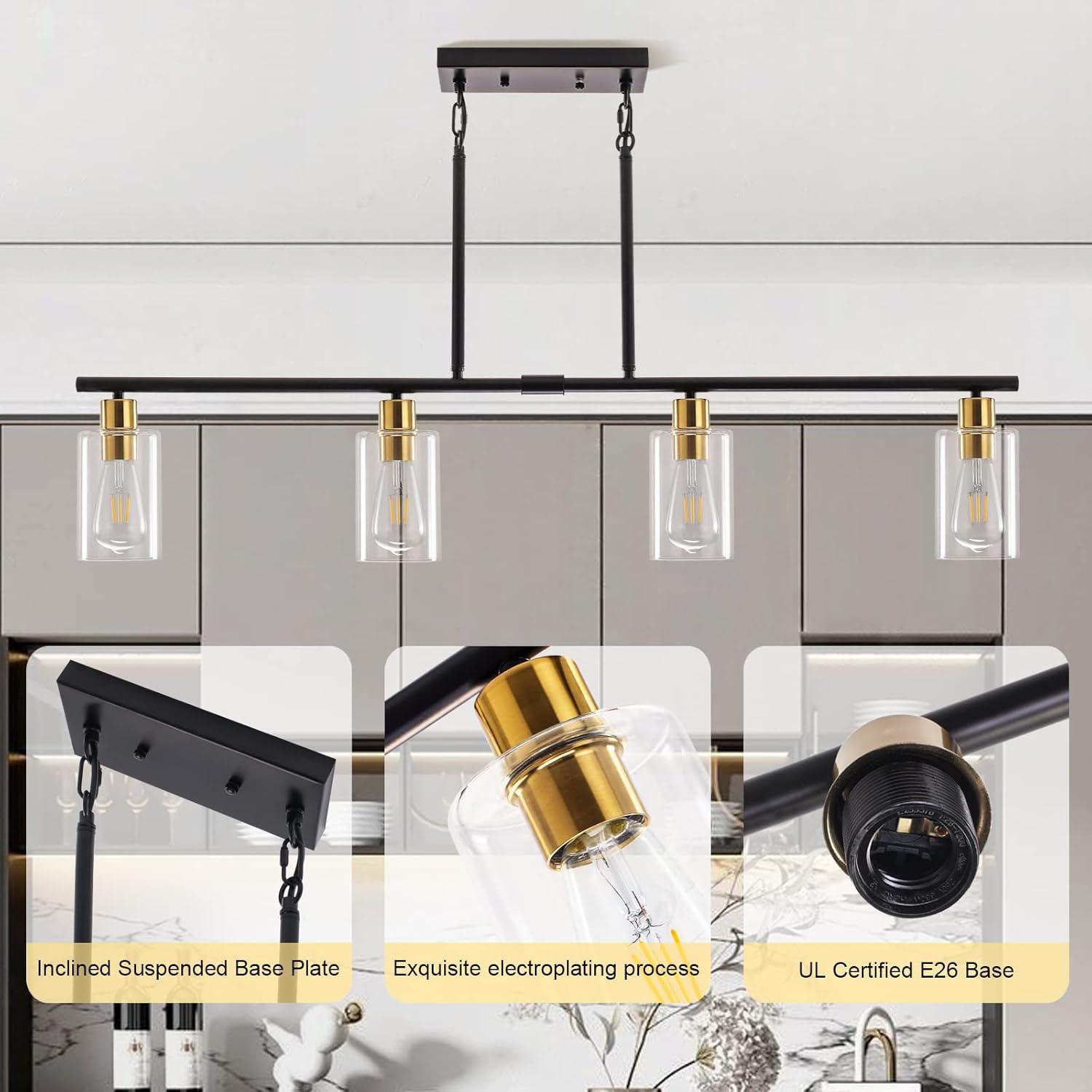 Kitchen Island Lighting, 4 Lights Linear Chandeliers Rectangle Pendant Light Fixtures for Dining Room Farmhouse Hanging Light with Glass Shades(Black & Gold)