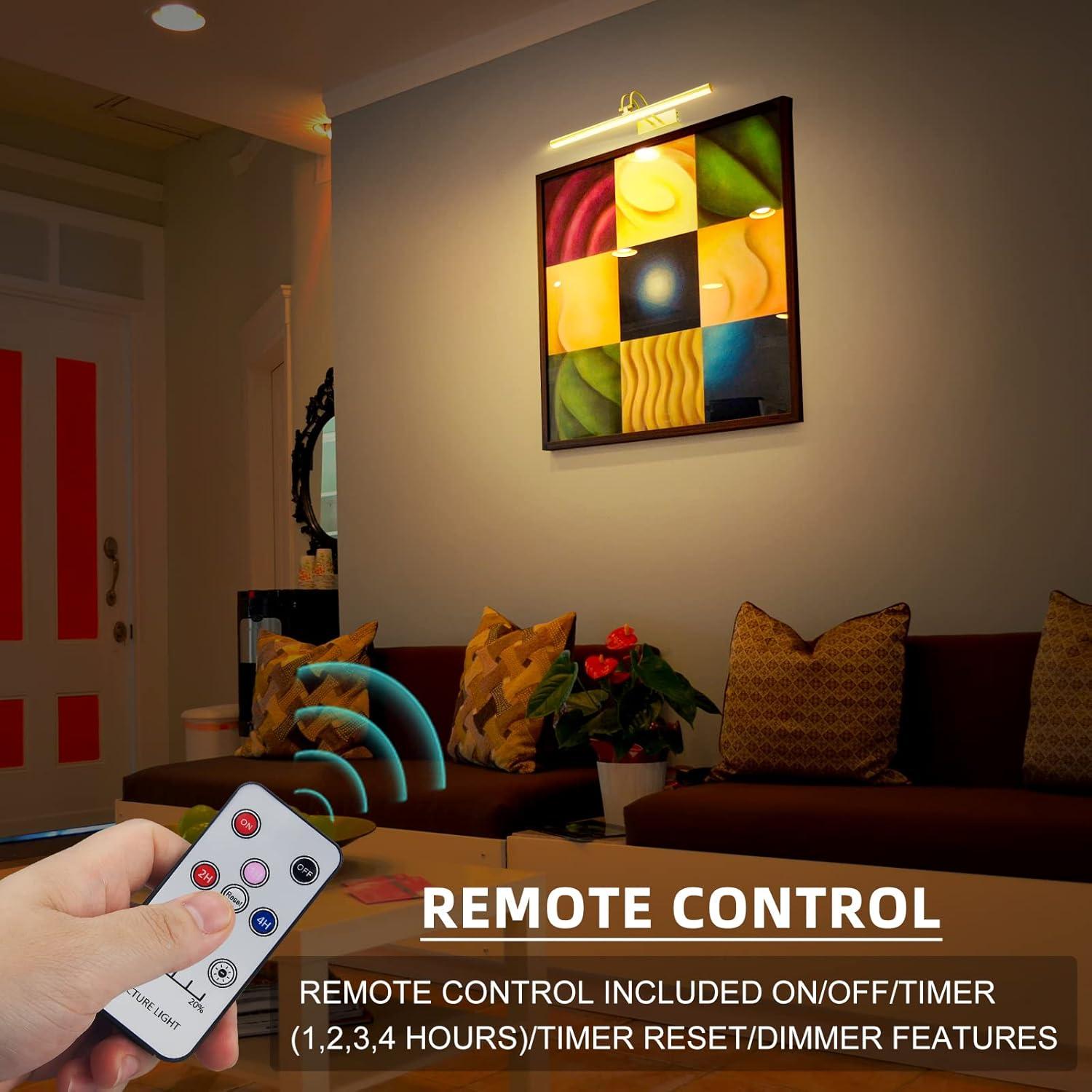 Picture Light,  Battery Operated Picture Lights For Paintings,Metal Remote Control Display Art Light With Timer And Dimmable For Wall Painting,Frame, Portrait, Dartboard-Brass