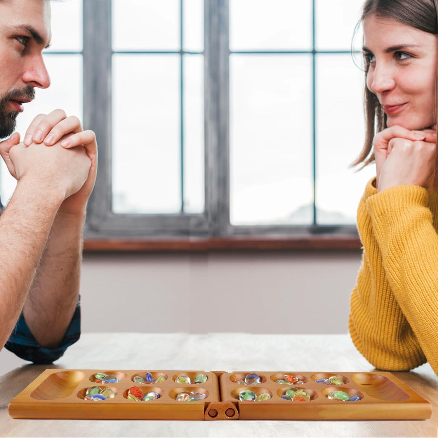 Folding Oak Mancala Board Game with Multicolor Glass Stones