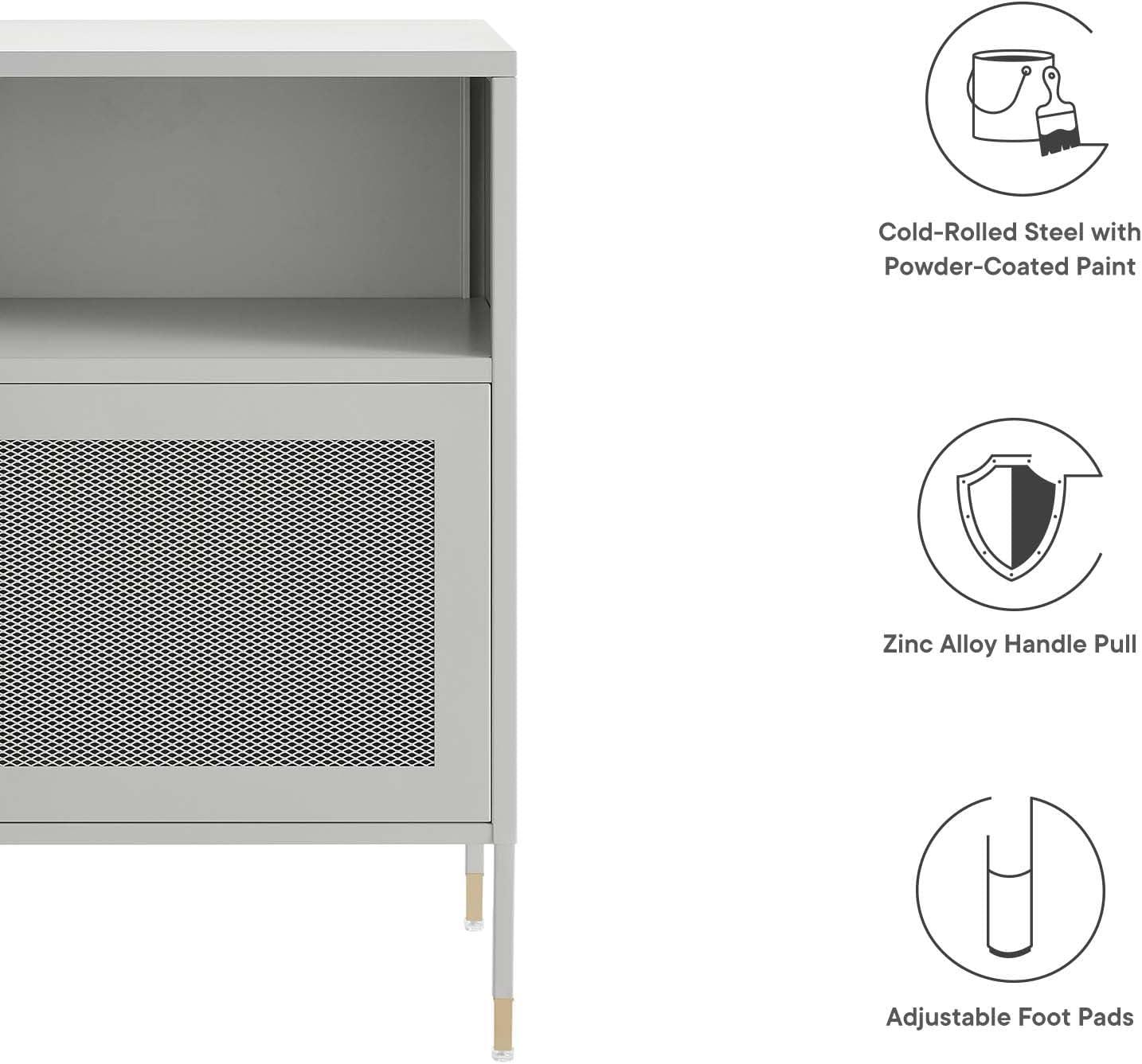 Light Gray Metal Side Table with Storage and Mesh Door