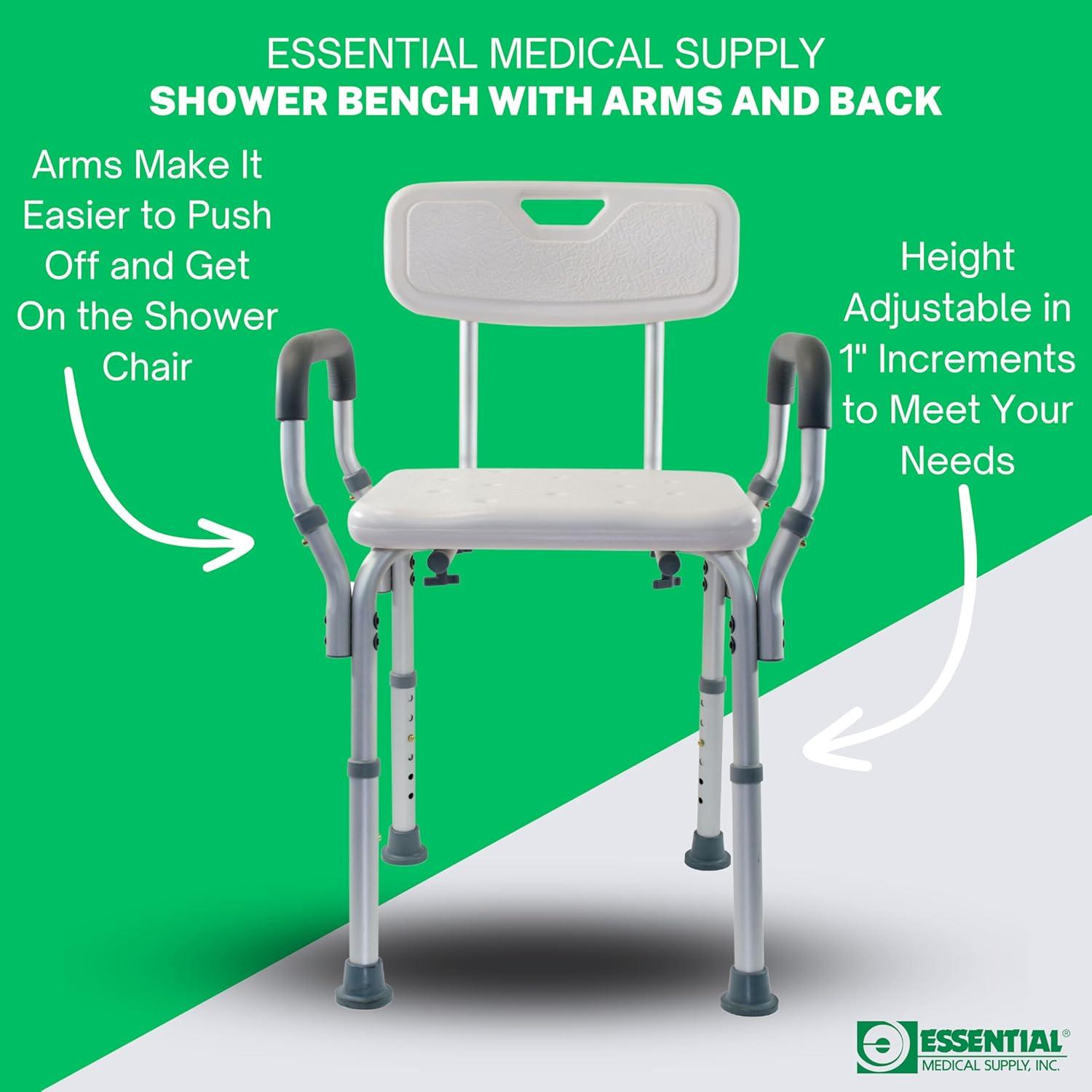 Essential Medical Supply Essential Medical Supply Height Adjustable Shower and Bath Bench with Padded Arms, Contoured Back and Textured Shower Chair Seat B3011