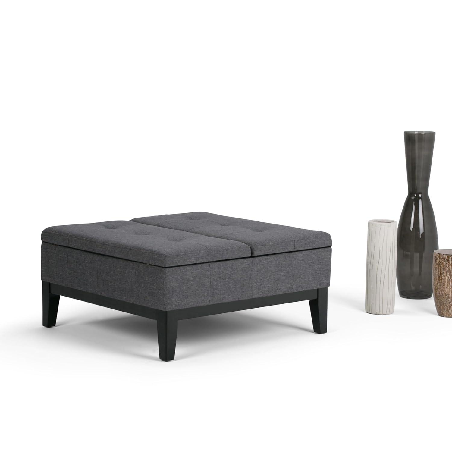 Simpli Home Dover 36"W Upholstered Square Coffee Table Storage Ottoman with Split Tufted Lift Top