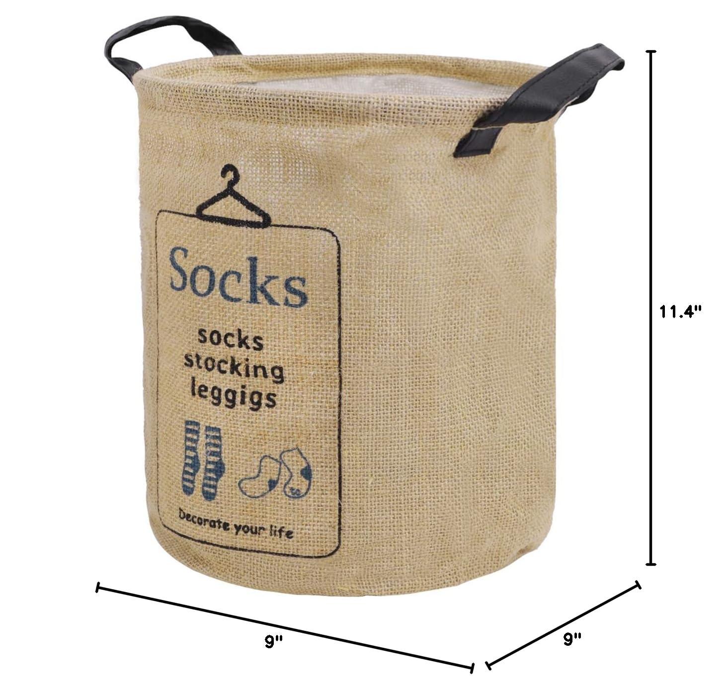 Pop-up Laundry Hampers Waterproof Cotton Linen Foldable Round Storage Bucket Organizer Dirty Clothes Shoes Basket Holder Baby's Toys Collection Box Closet Bin+3 Handles "SOCKS" Print