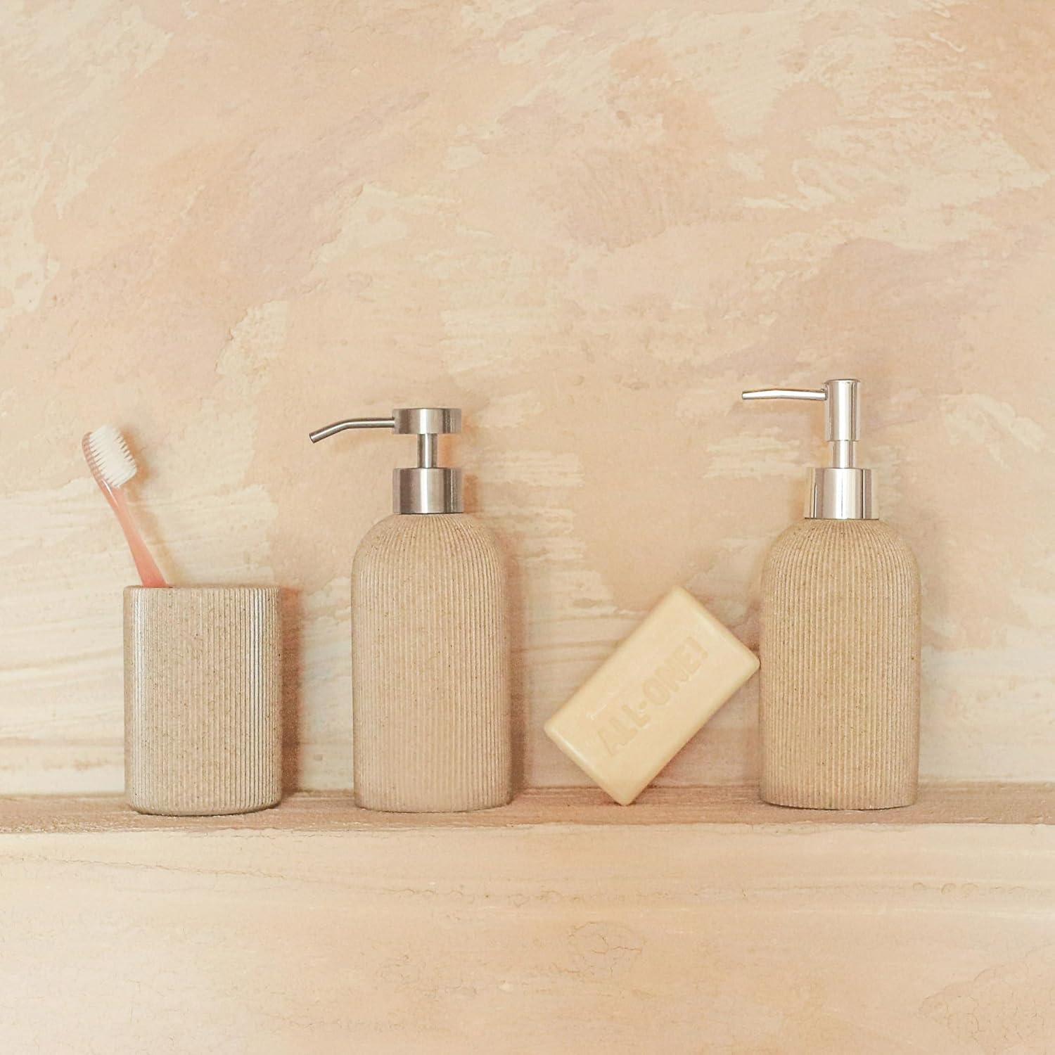 Small Sand Beige Boho Toothbrush Holder for Bathroom, Neutral Farmhouse Style, Unbreakable Small Bathroom Cup C45