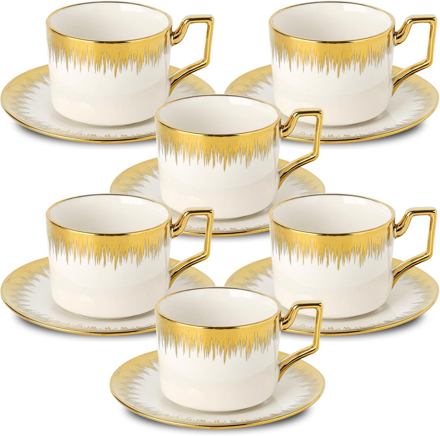 FAST APPLIANCES LLC Cappuccino Cups With Saucers, 7 Oz Porcelain Double Espresso Cups Set, Ceramic Turkish Coffee Cups With Trim, Tea Cups Set Of 6, Cafe Cups For Latte, Mocha, Au Lait