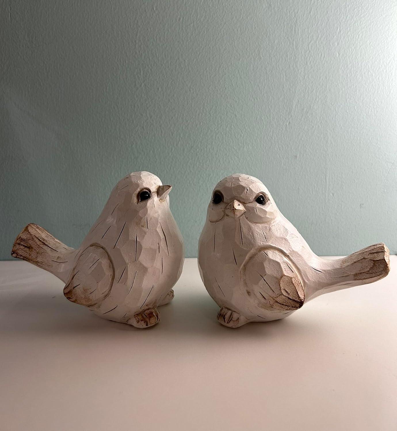 Farmhouse Bird Decor Resin Bird Figurines - Set of 2, Vintage & Modern Bird Decor Statue for Home Decor Accents, Cottage Bird Ornaments Decoration New White Carved Rustic Bird Figurine