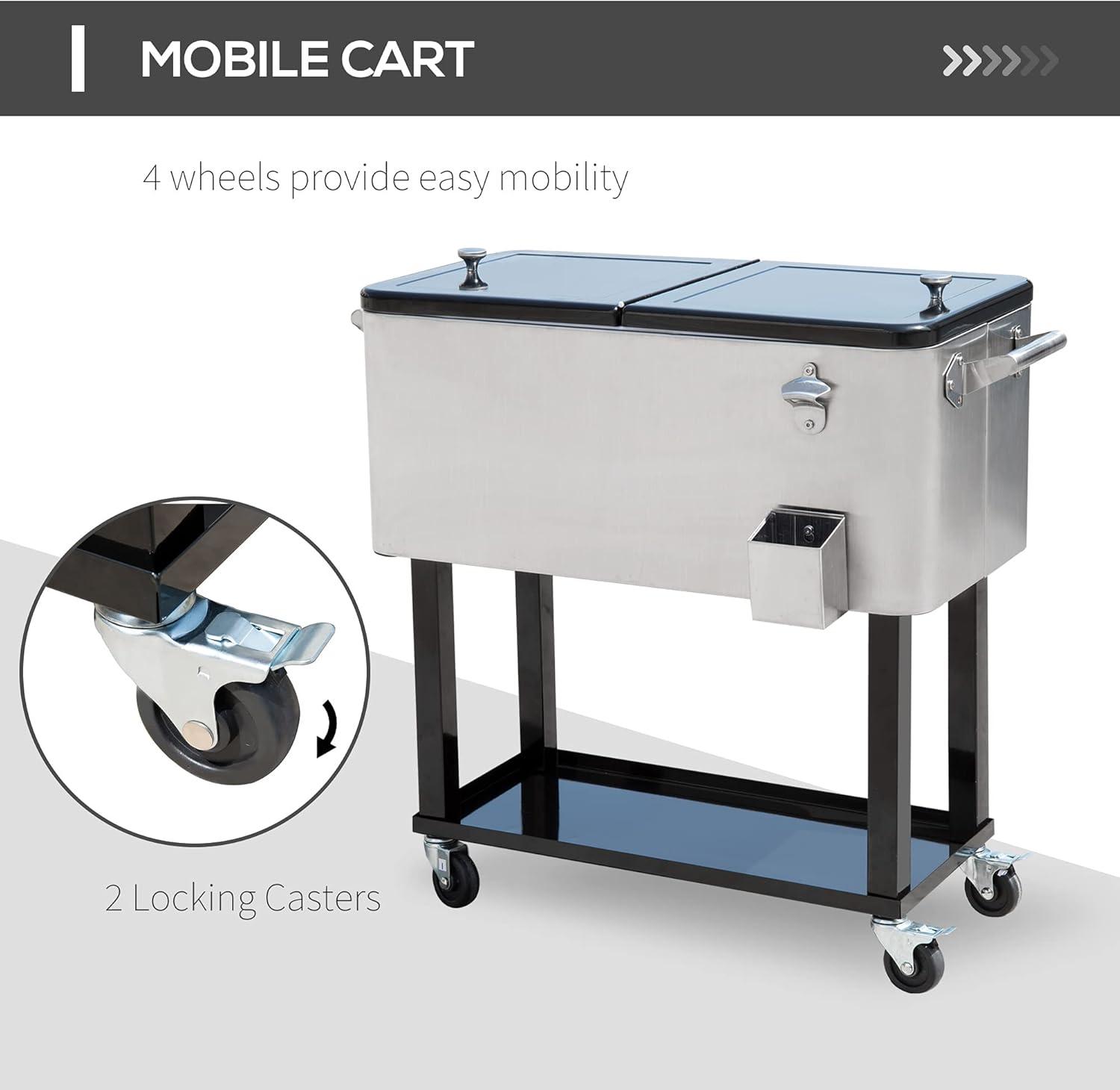 IRHOMA Outsunny 80 QT Rolling Cooling Bins Ice Chest on Wheels Outdoor Stand Up Drink Cooler Cart for Party