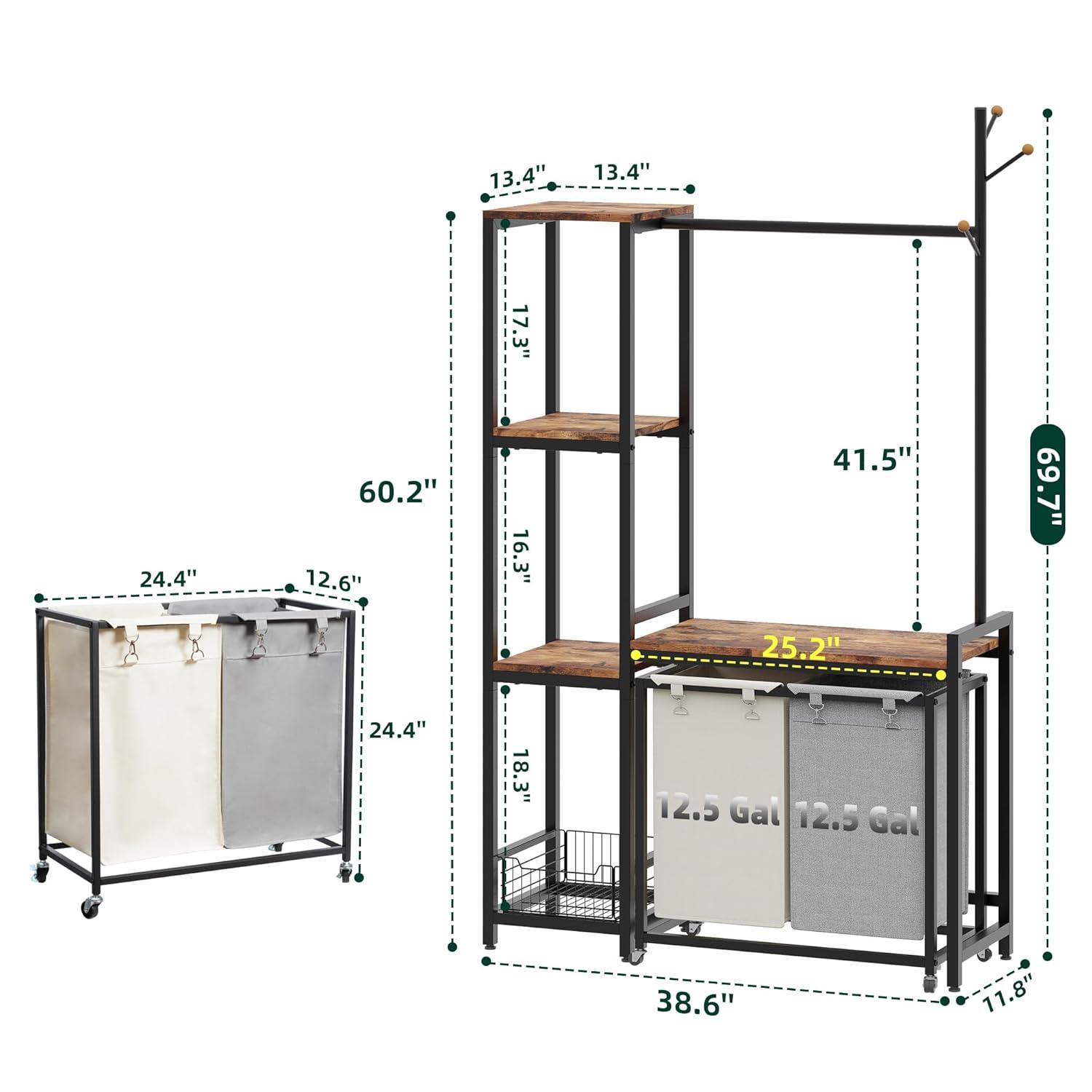 VASAGLE Clothes Rack with Laundry Hamper Removable Laundry Basket with Shelf Rustic Brown and Black