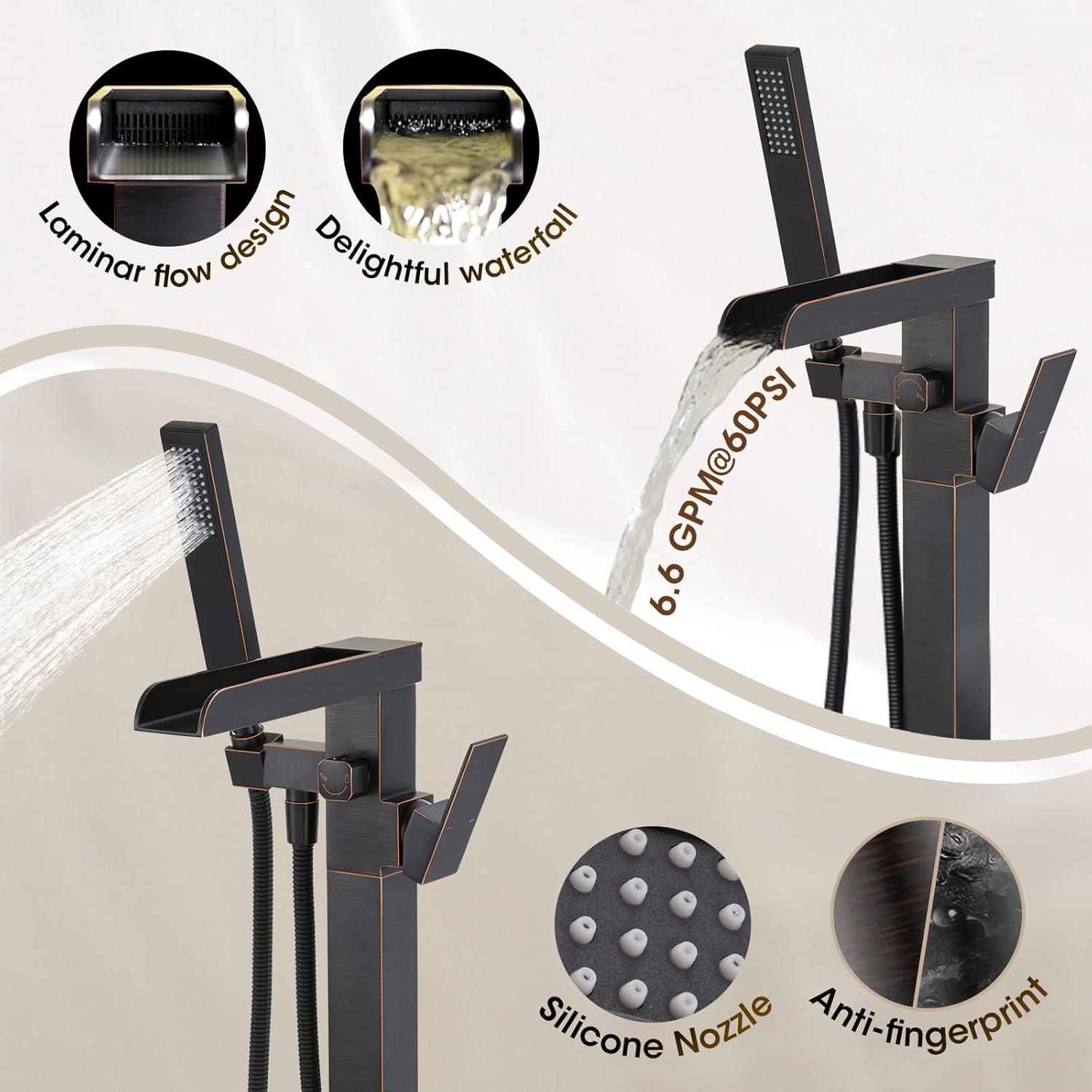 Single-Handle Floor Mount Freestanding Tub Faucet Waterfall Tub Filler with Handheld Shower in Oil Rubbed Bronze