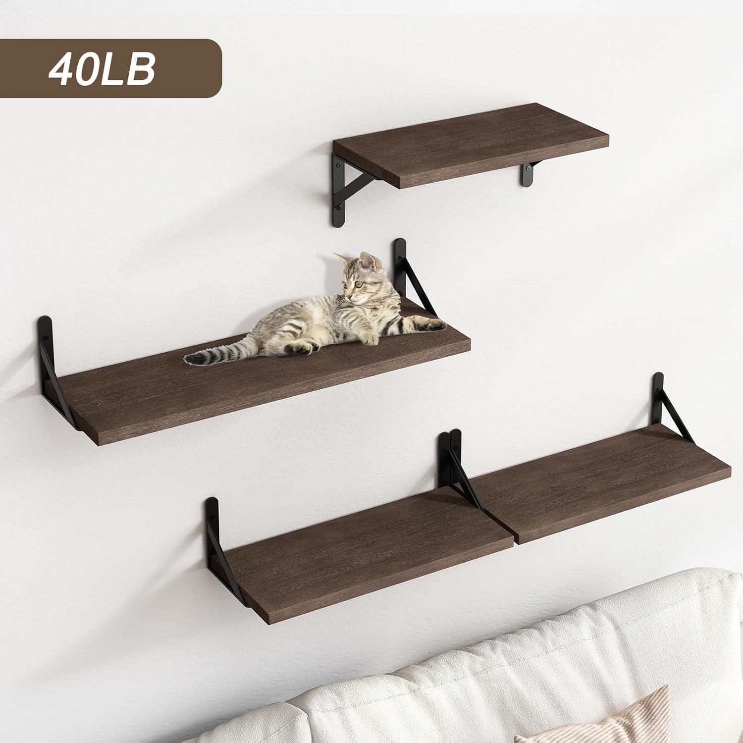 Walnut Brown Floating Wall Shelves with Metal Brackets, Set of 4