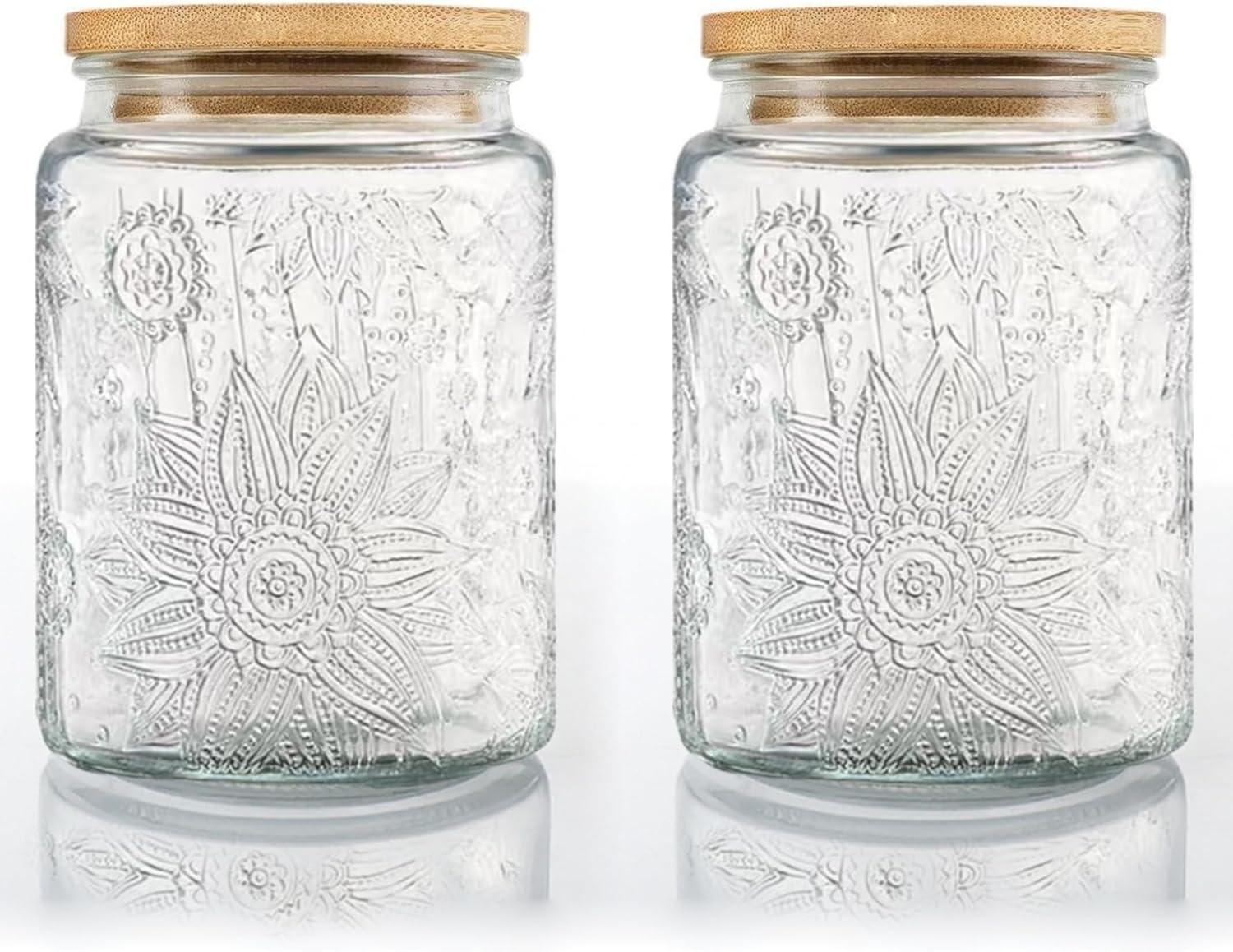 Vintage Clear Glass Jars with Bamboo Lids, Set of 2