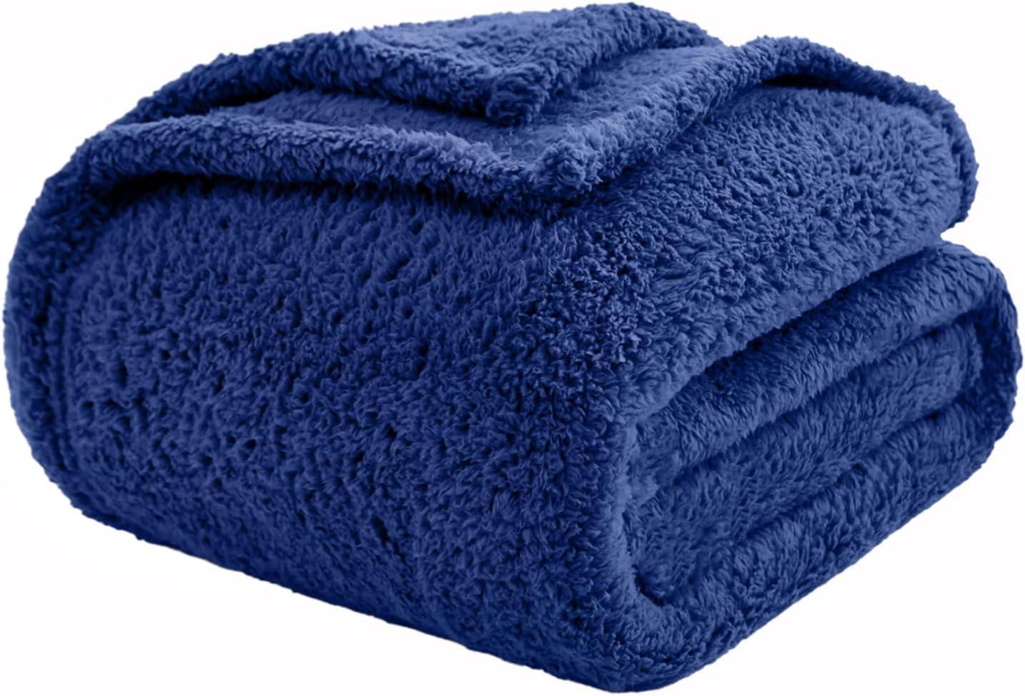 My World Cloud Faux Shearling Throw Blanket Navy: Sensory Friendly, Knitted Polyester, Machine Washable
