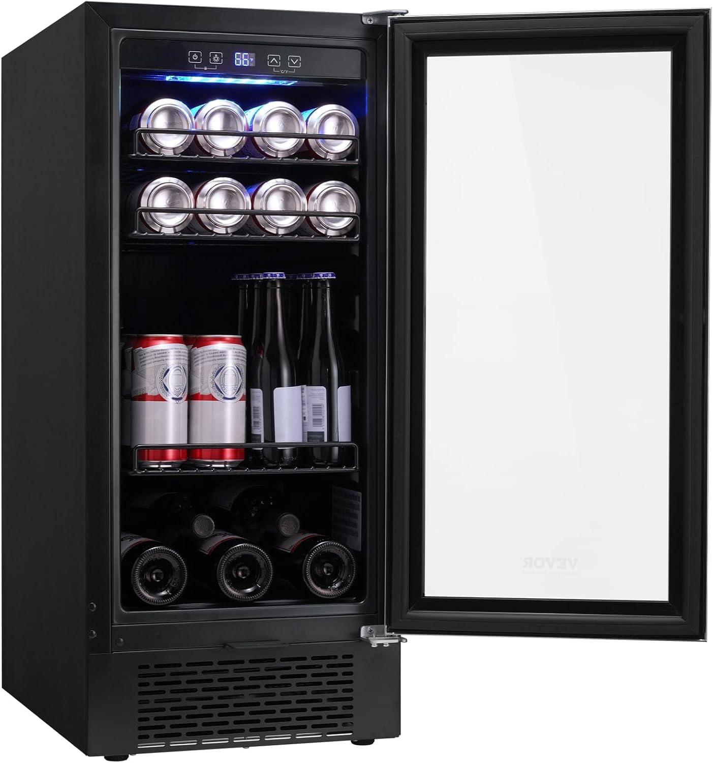 VEVOR Wine Cooler, 30 Bottles Capacity Under Counter Built-in or Freestanding Wine Refrigerator, Beverage Cooler with Blue LED Light, Single Door, Child Lock for Drink Beer Soda Wine Water, ETL Listed