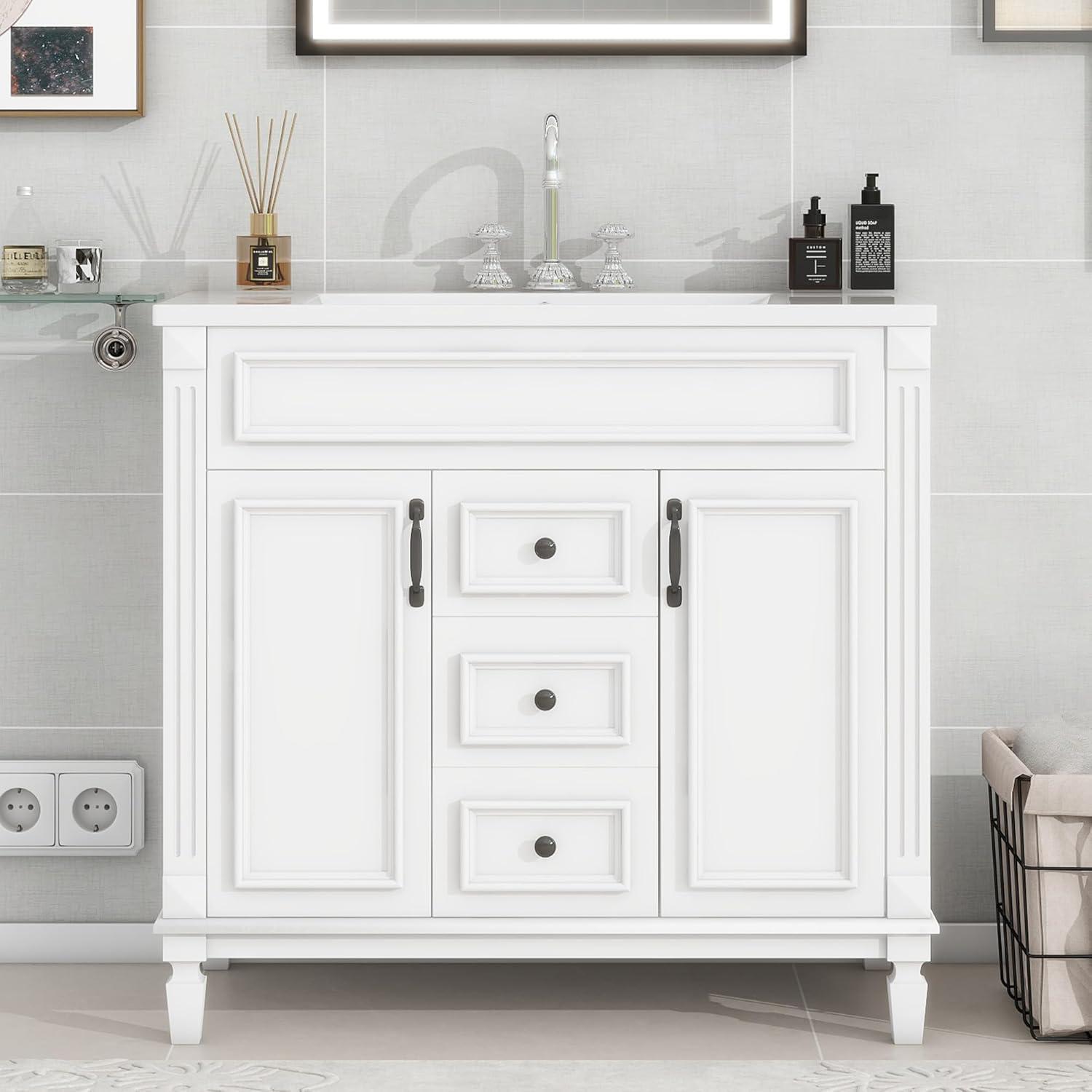 White Freestanding Bathroom Vanity with Ceramic Sink and Storage