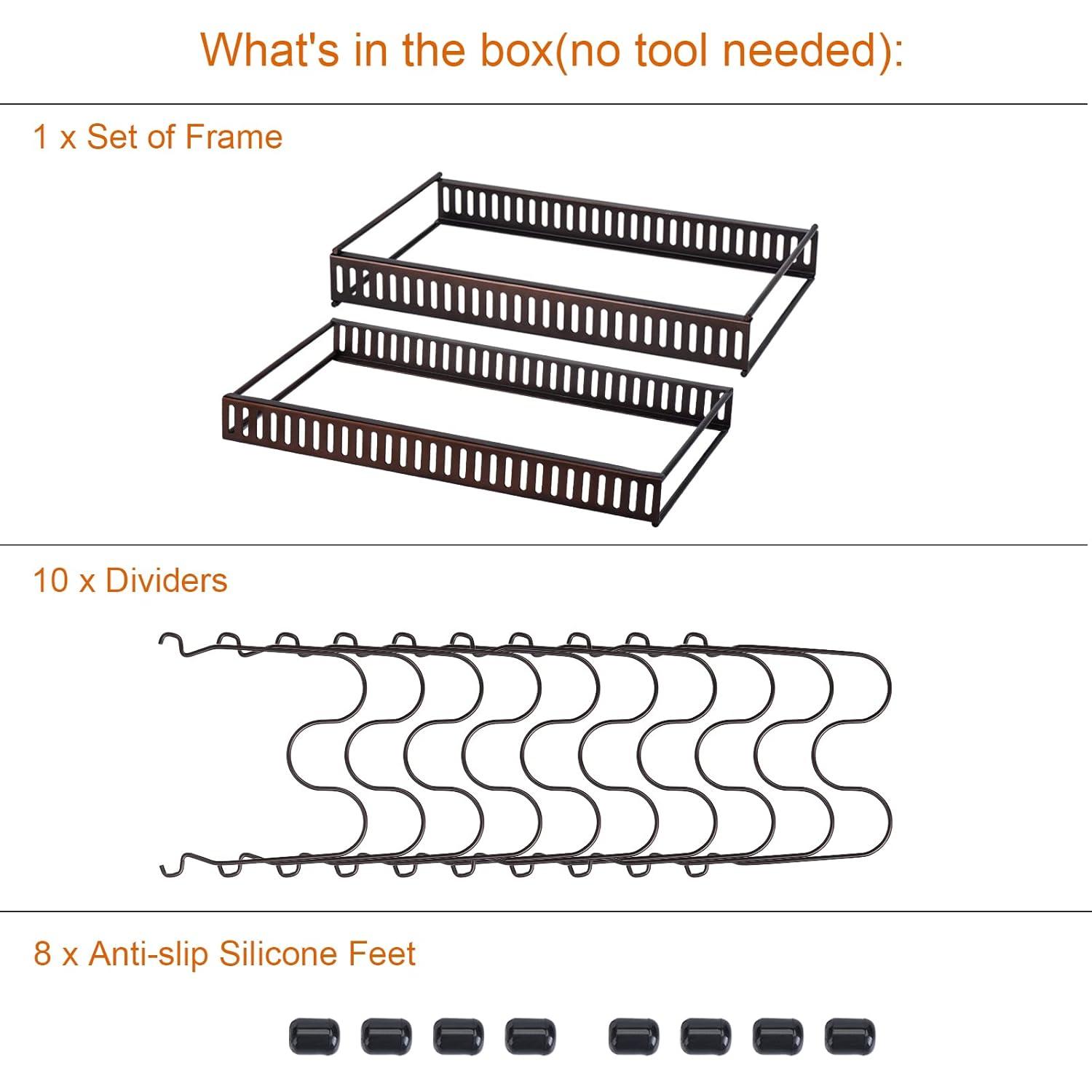 Toplife Pots and Pans Organizer Rack for Cabinet and Countertop, 10+ Pot Lids, Bakeware and Cookware Organizer Rack Holder with 10 Adjustable Compartments - Brown