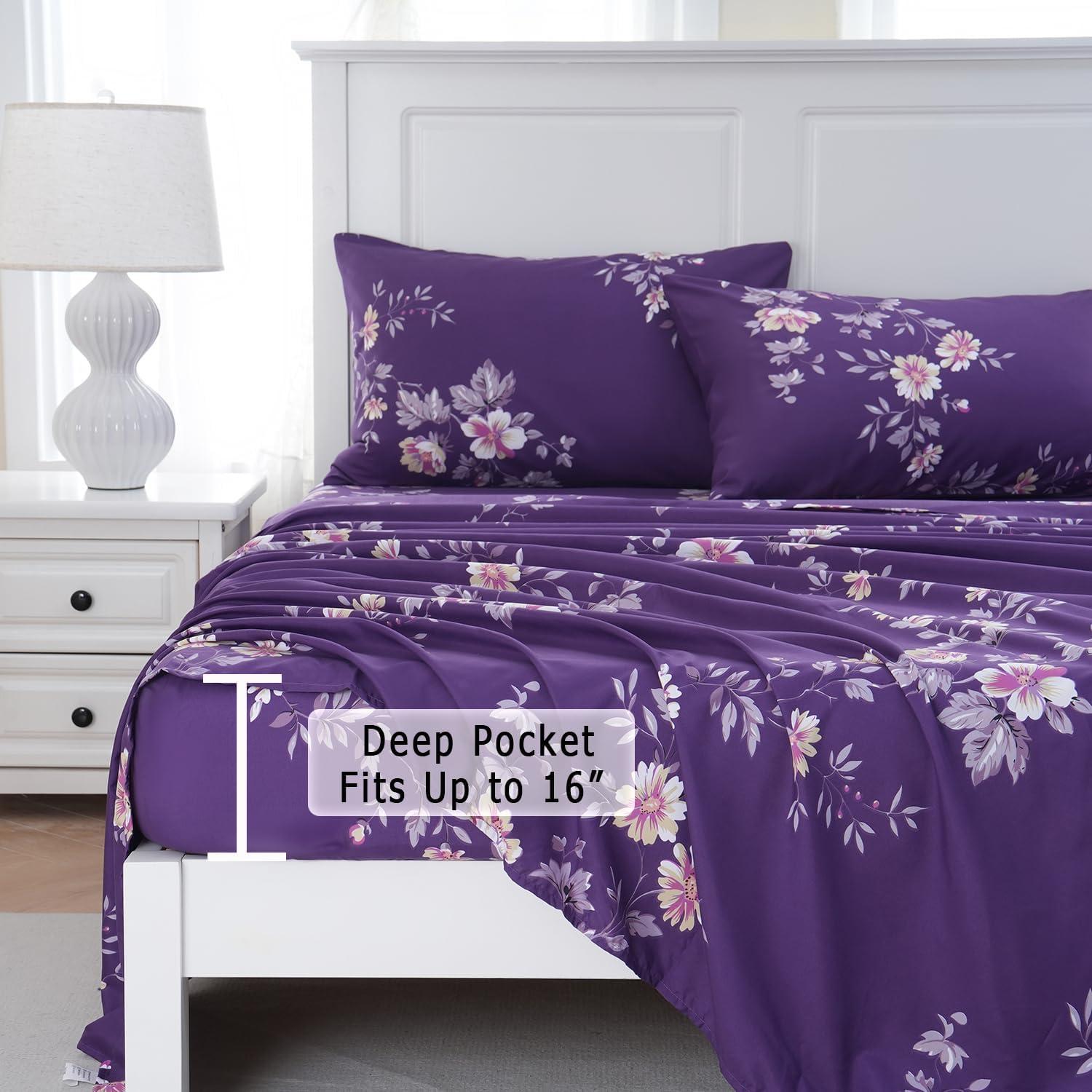 MEISHANG Twin Sheet Set - Floral Sheets Deep Pocket Ultra Soft Brushed Microfiber with Up to 16" Mattresses - Wrinkle Free - 3 Pieces(Twin,Purple Floral)