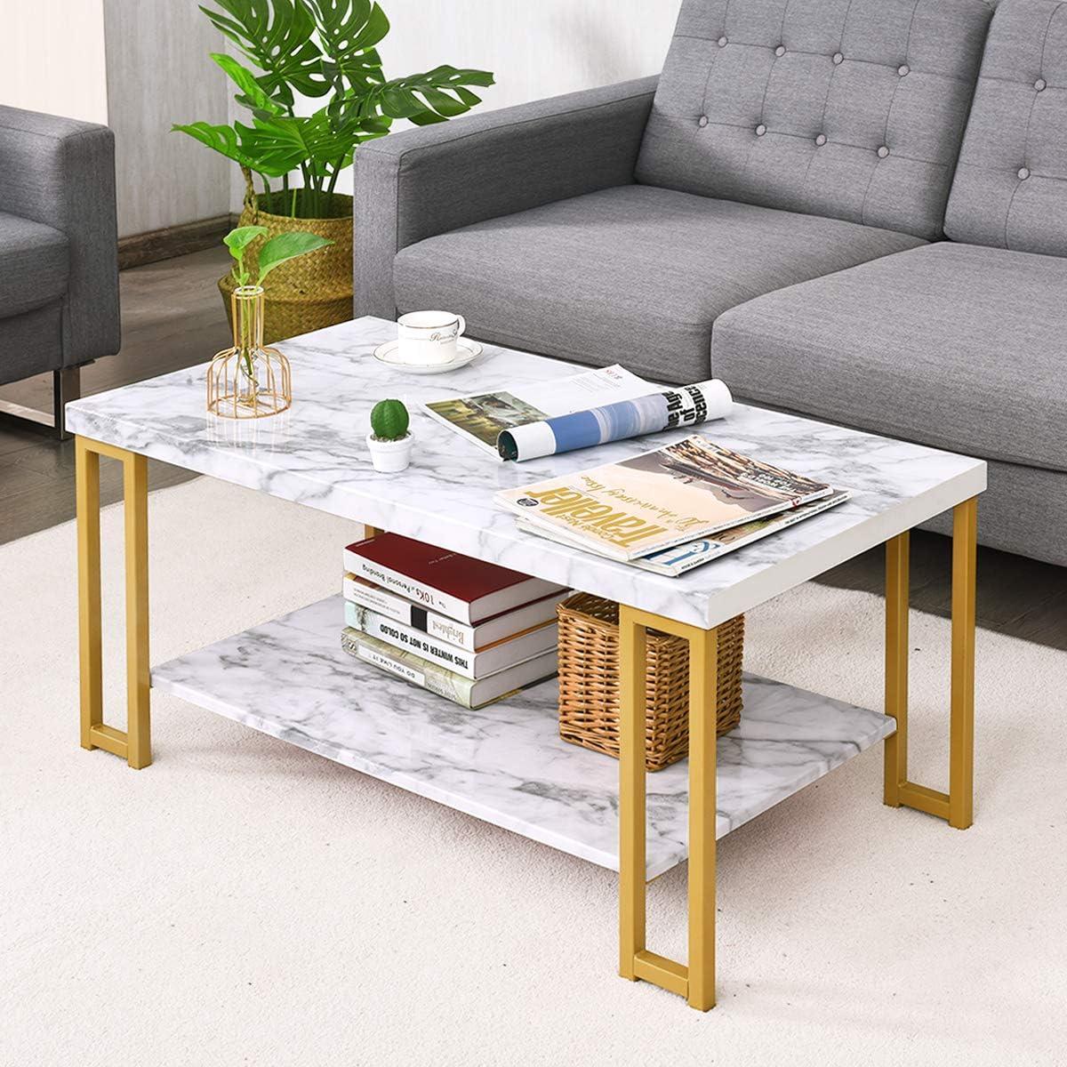 Tcbosik 2-Tier Rectangular Coffee Table with Golden Legs, Cocktail Table with Faux Marble Top, Center Table for Living Room Waiting Room, White