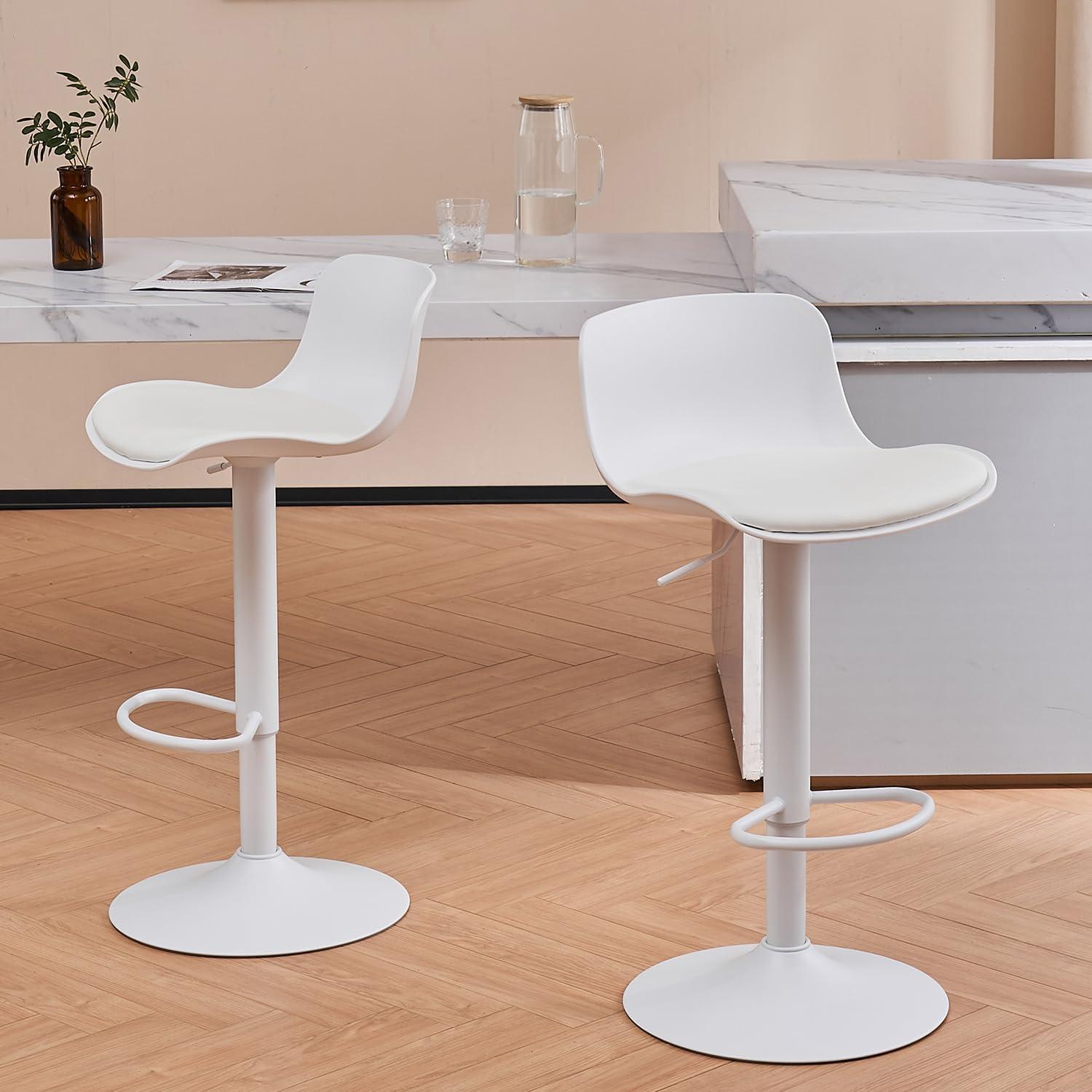 Height Adjustable Swivel PP Bar Stool with PU Padded Seat, White, Set of 2
